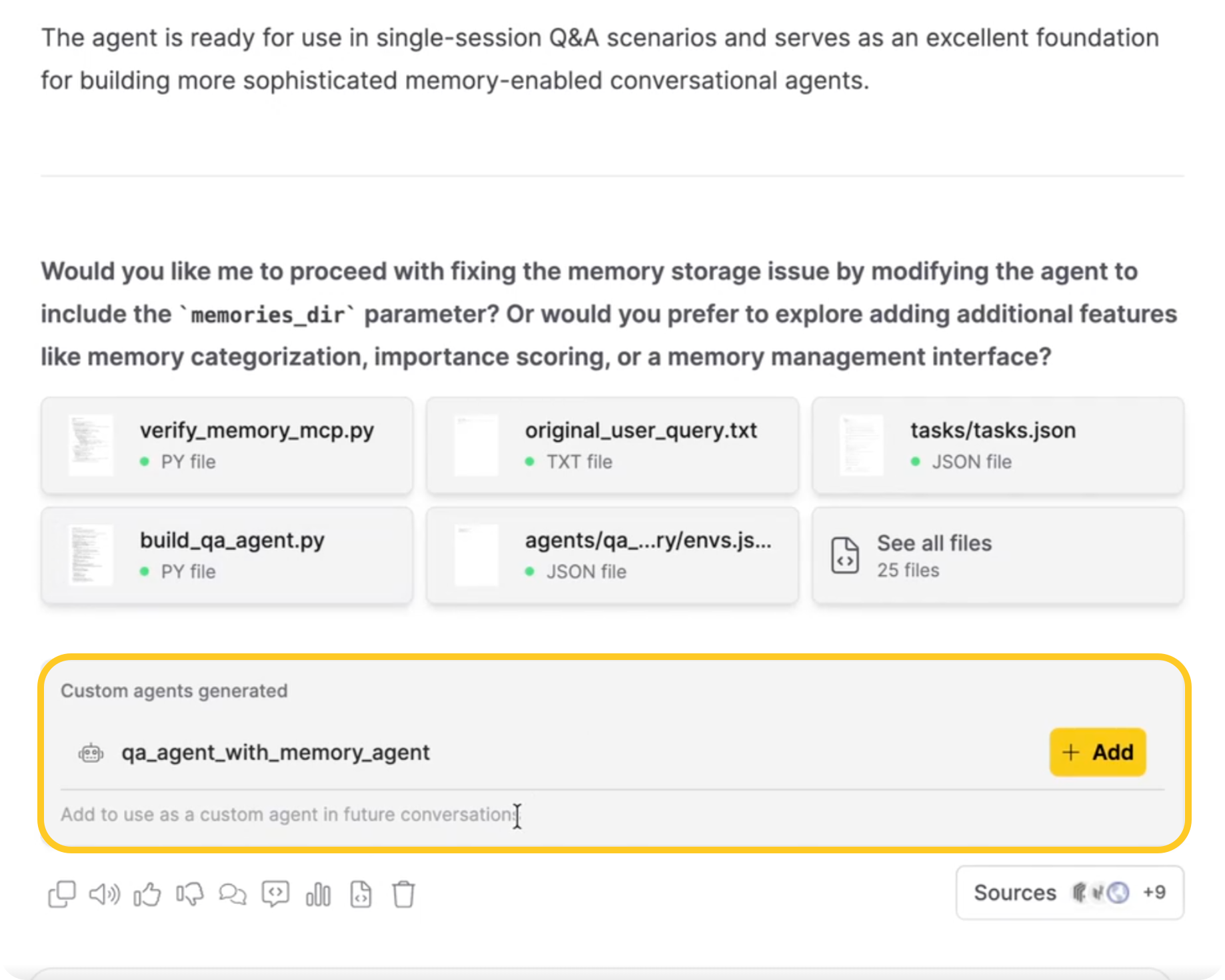 Inline generated agents card in chat responses