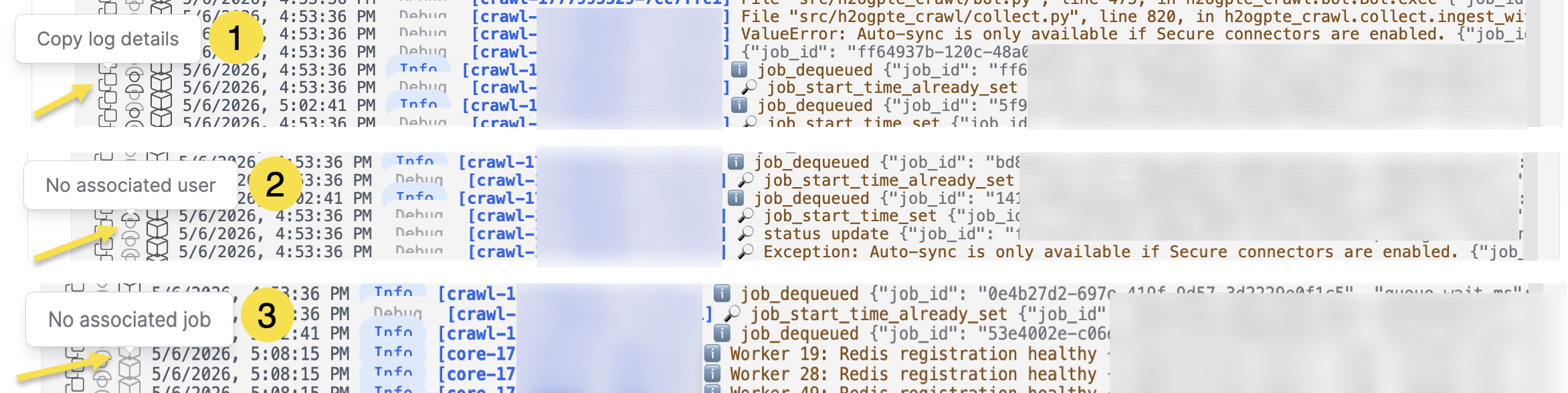 Action icons on a log entry showing the copy, user filter, and job filter buttons