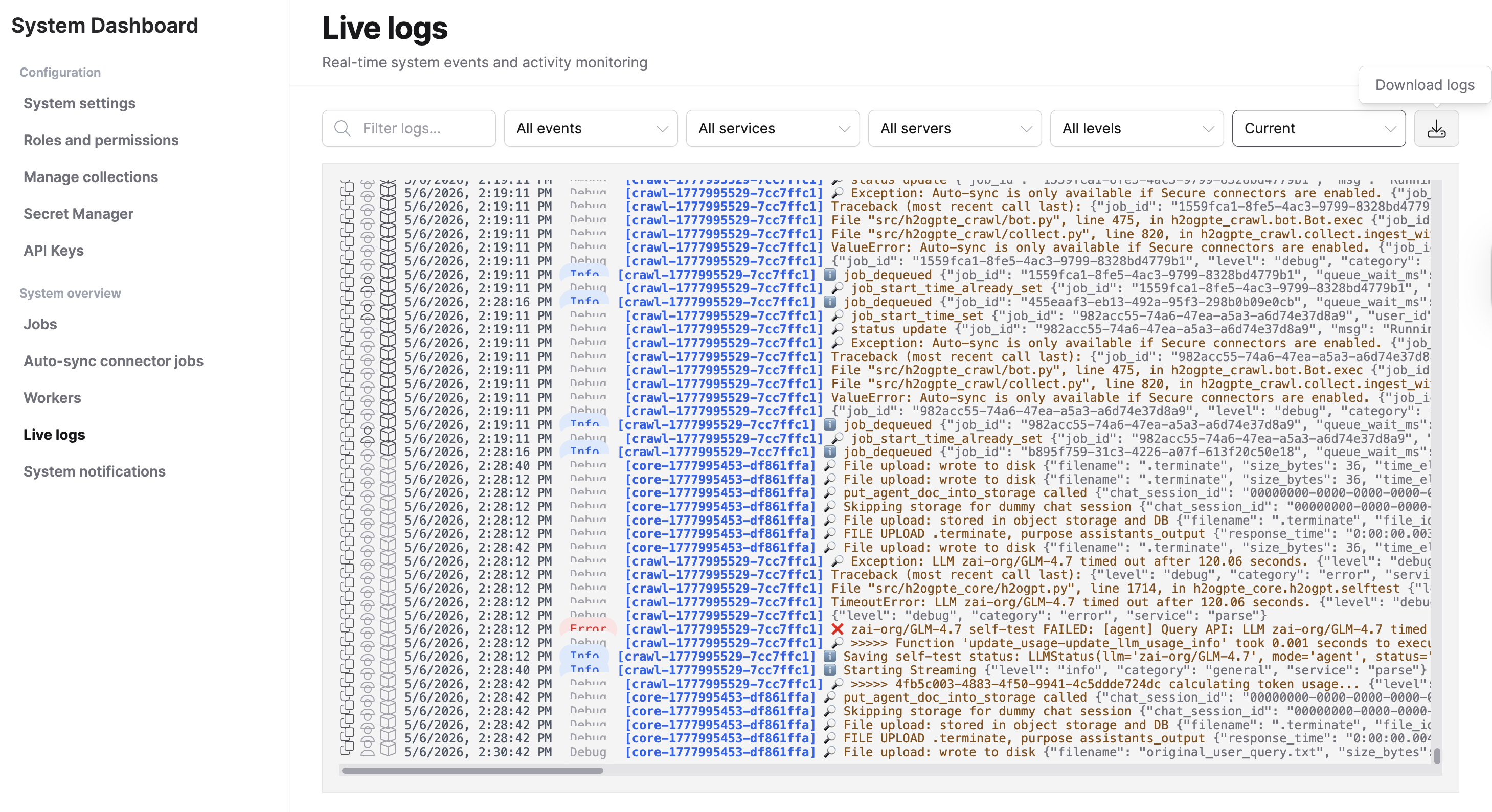 The Live logs page showing filter controls, color-coded log level badges, and streaming log entries from crawl and core services