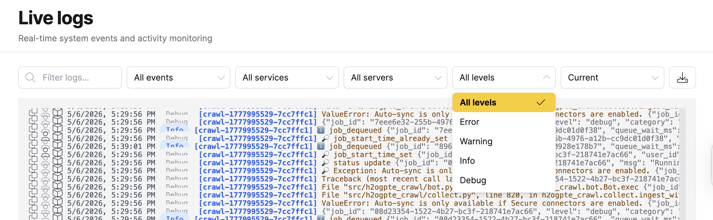 The log level dropdown showing Error, Warning, Info, and Debug filter options