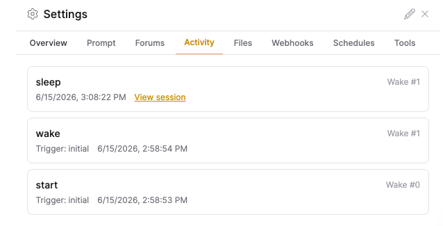 The Activity tab of the live view Settings panel