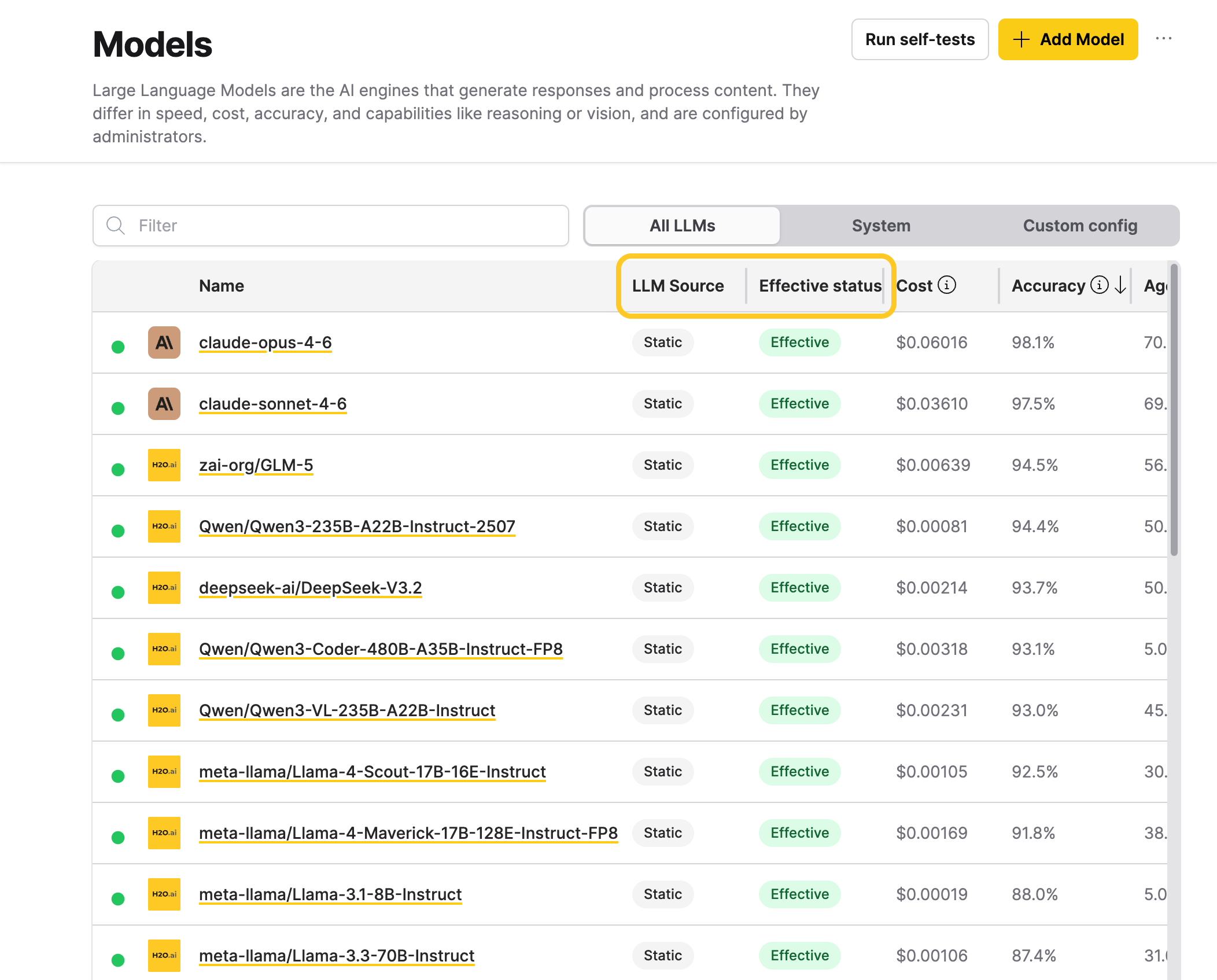 Models page with the LLM Source and Effective status columns highlighted