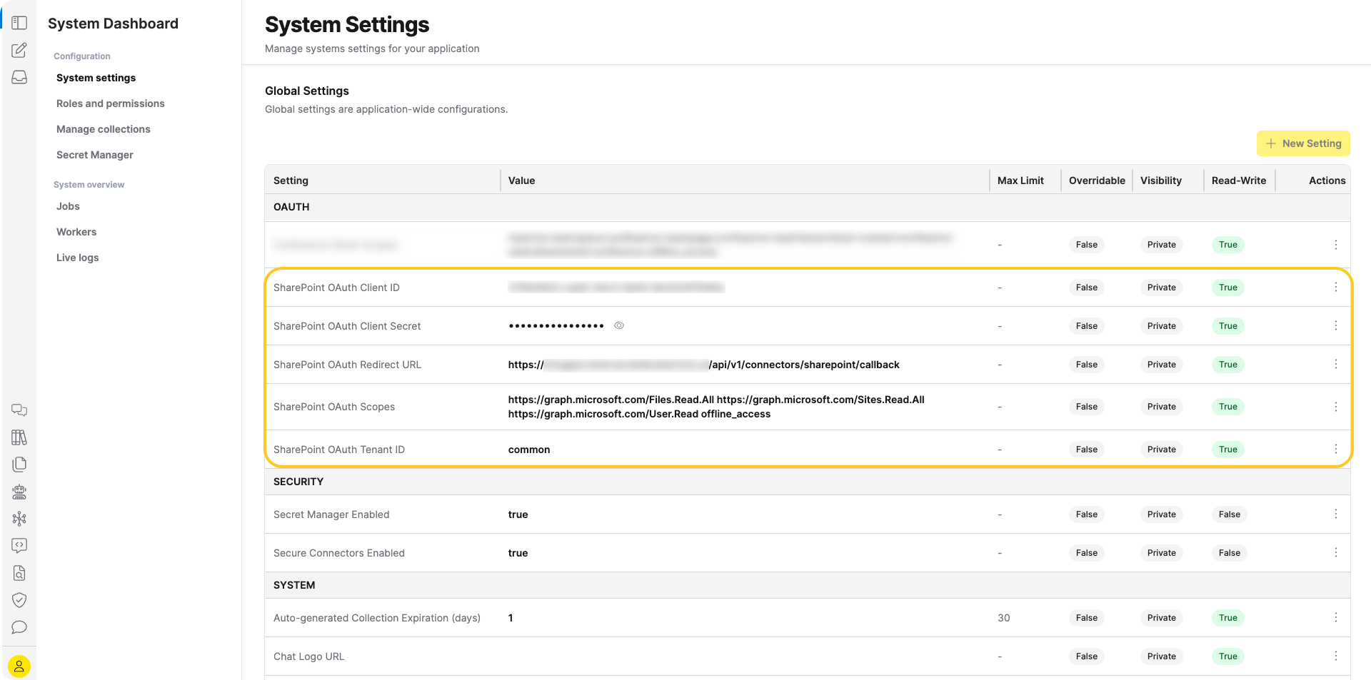 SharePoint OAuth settings in the OAUTH category of System settings