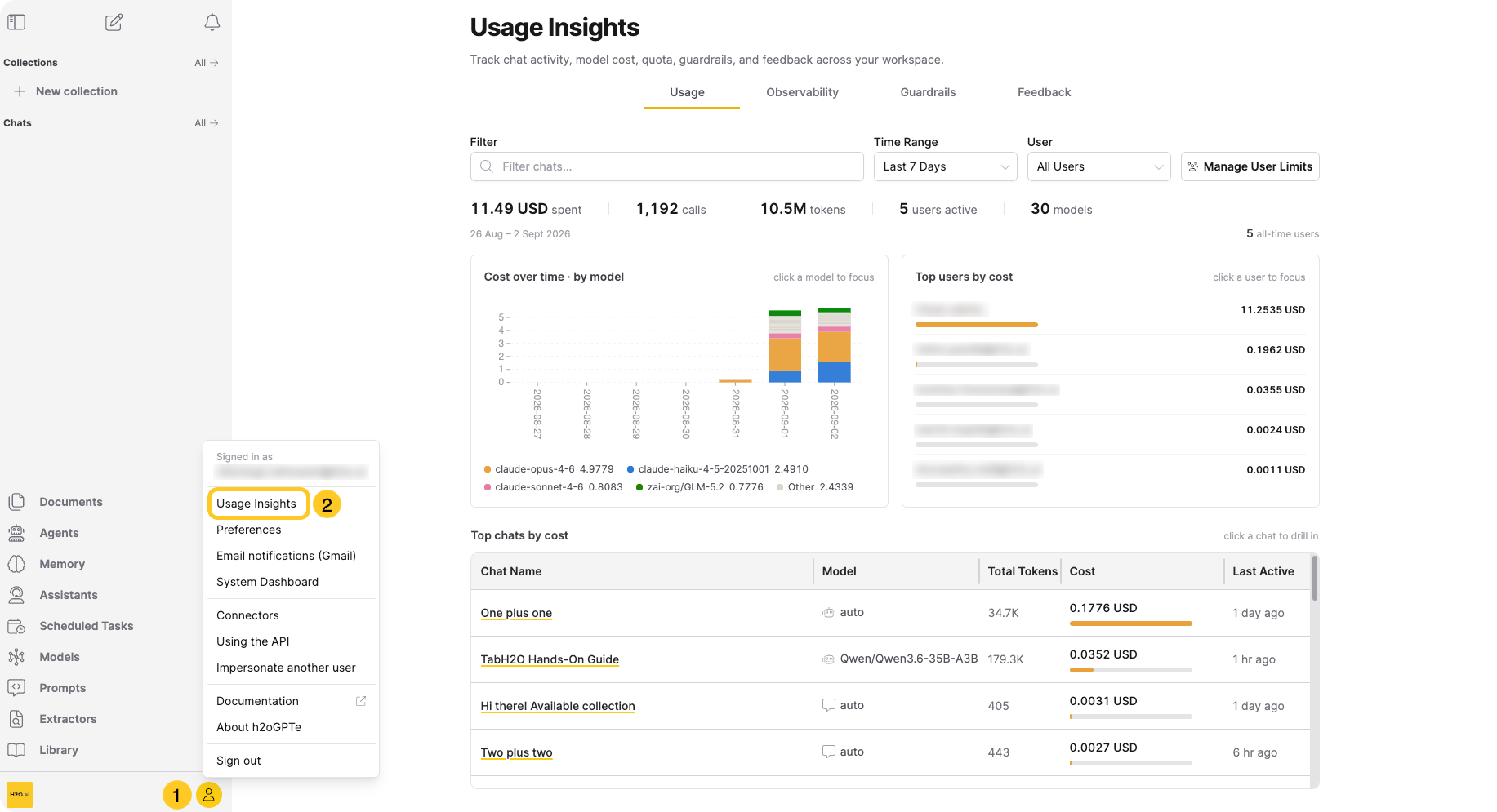 Profile menu with the Usage Insights link highlighted