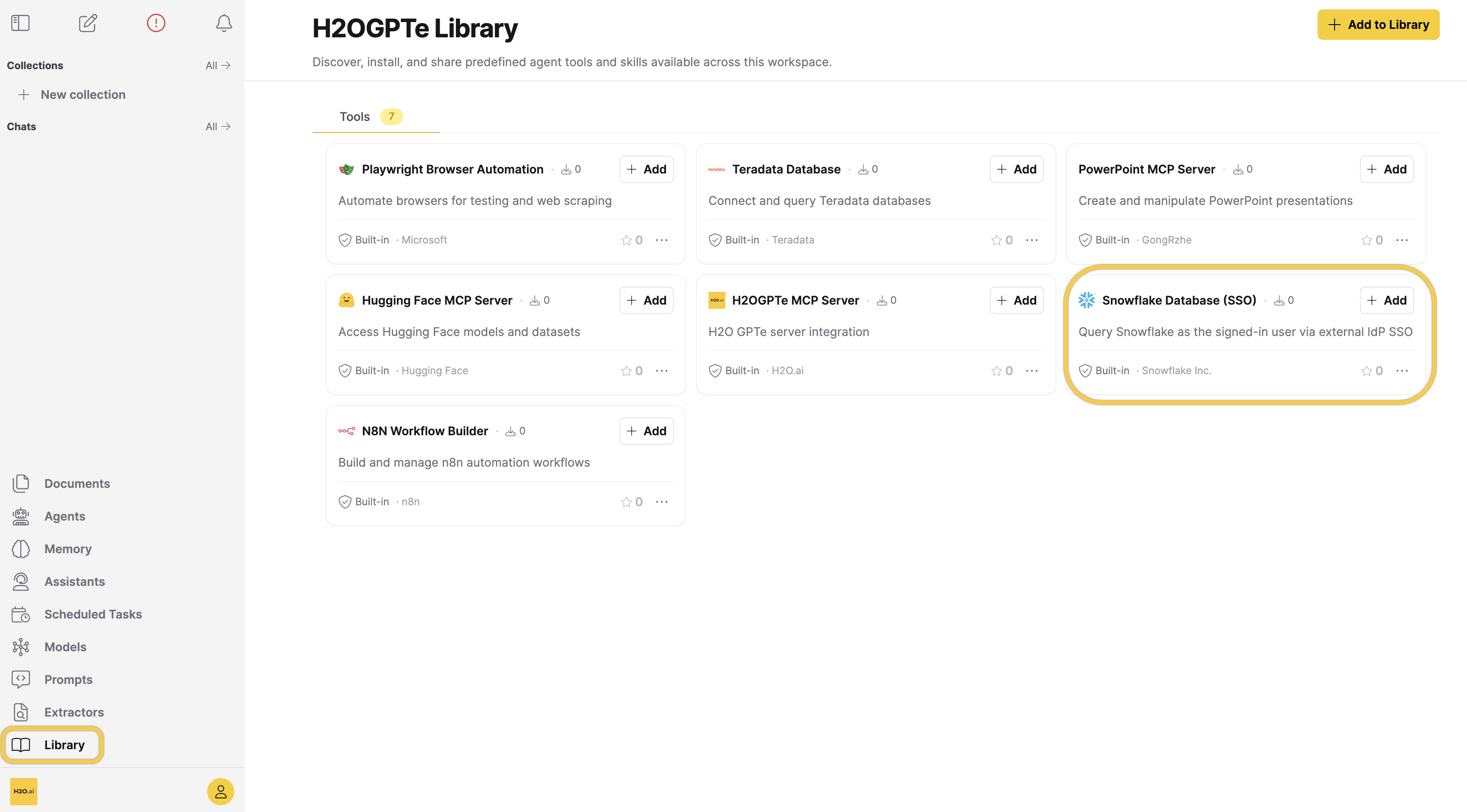 Library page, Tools tab, showing the predefined tool cards
