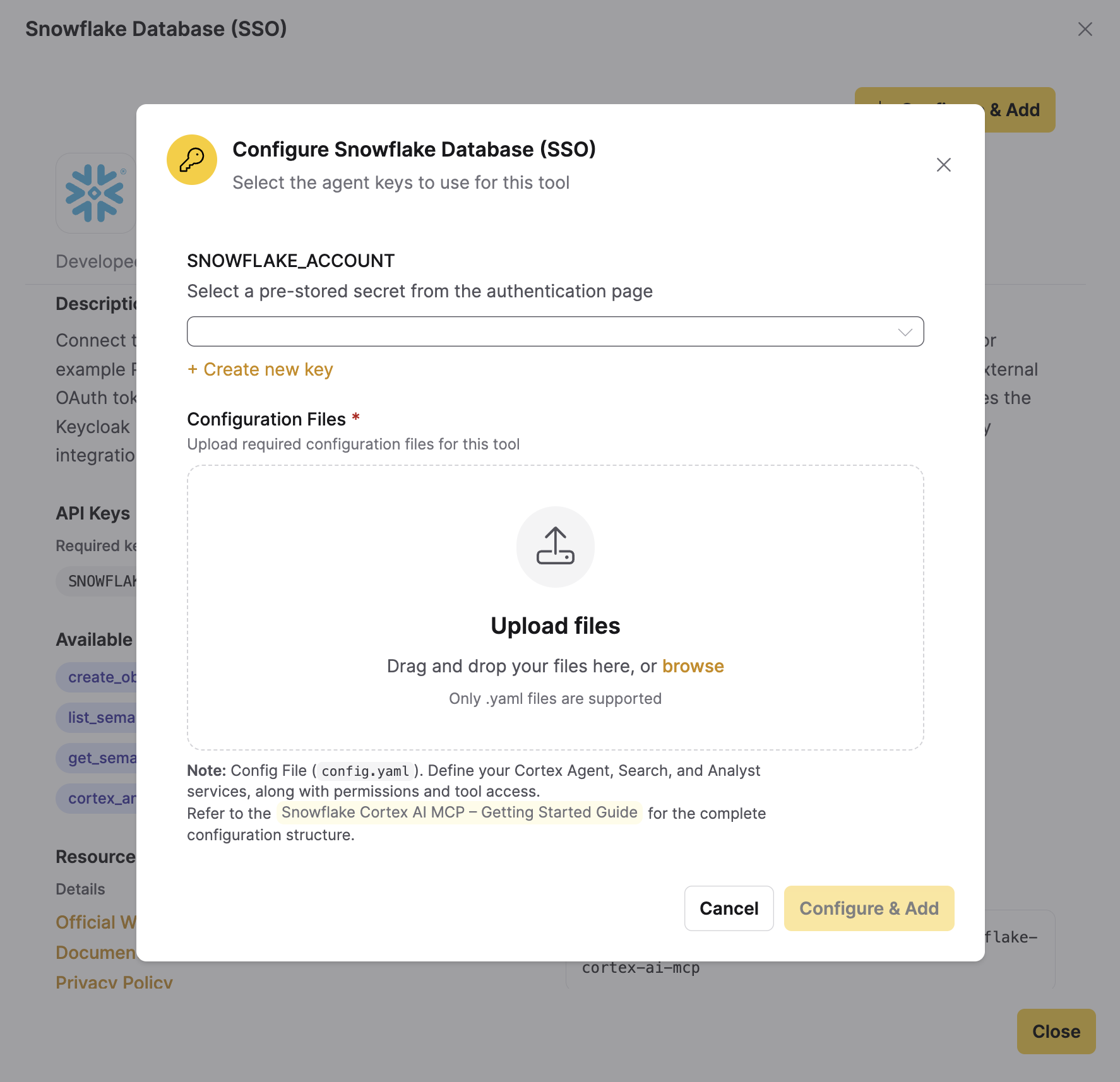 Configure dialog, showing the API key selector and the Configuration Files upload area
