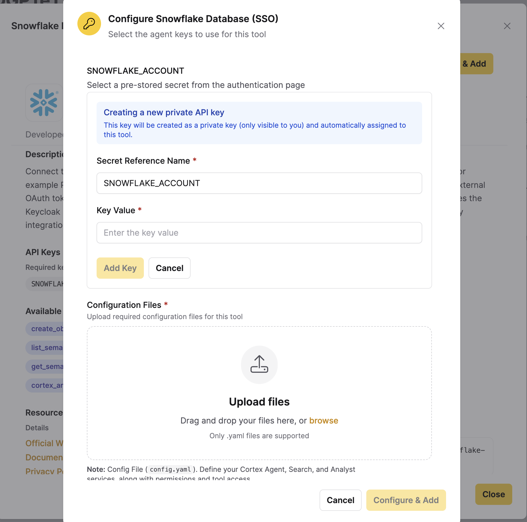 Create new key panel inside the Configure dialog, showing the Secret Reference Name and Key Value fields