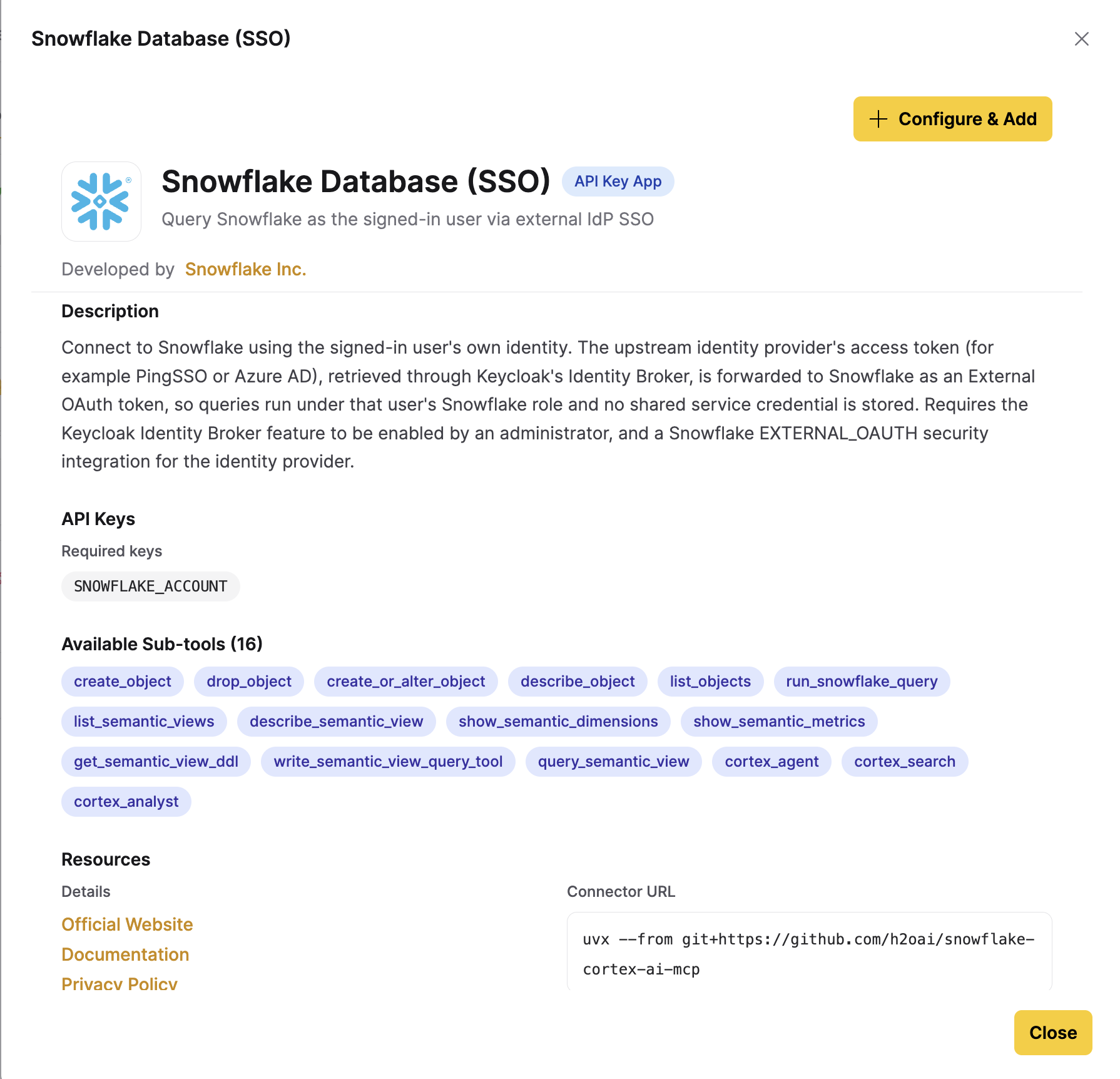 Tool details, showing the required API keys and the available sub-tools
