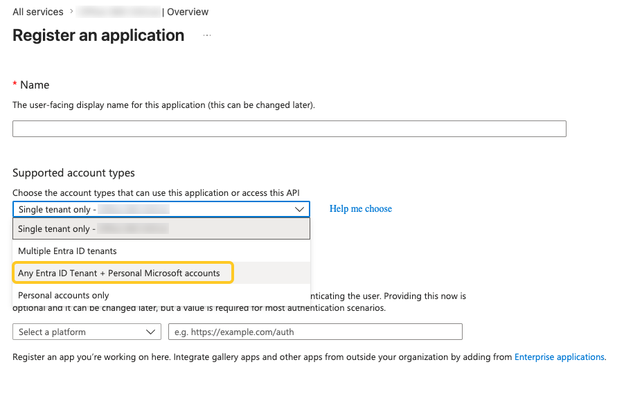 Register an app page in Microsoft Entra ID with the supported account types dropdown open