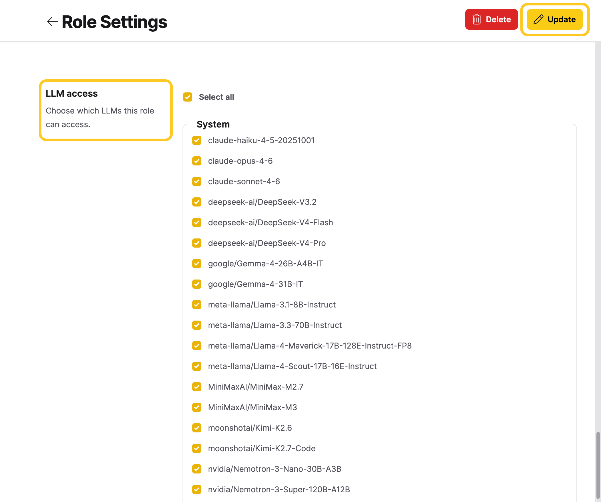 LLM access section of a role with the section heading and the Update button highlighted