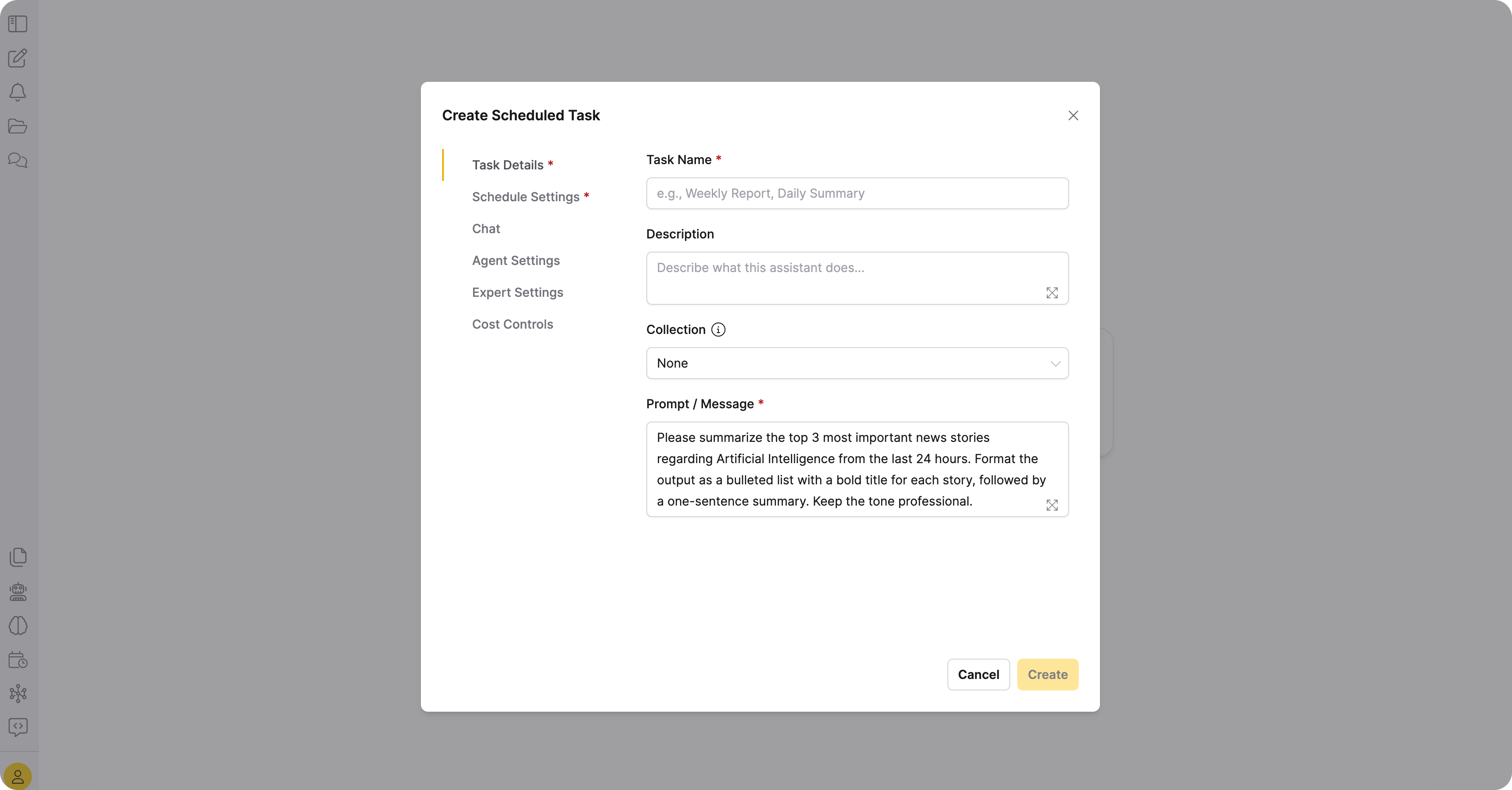 Schedule this prompt dialog showing task name, schedule fields, and email notification toggle