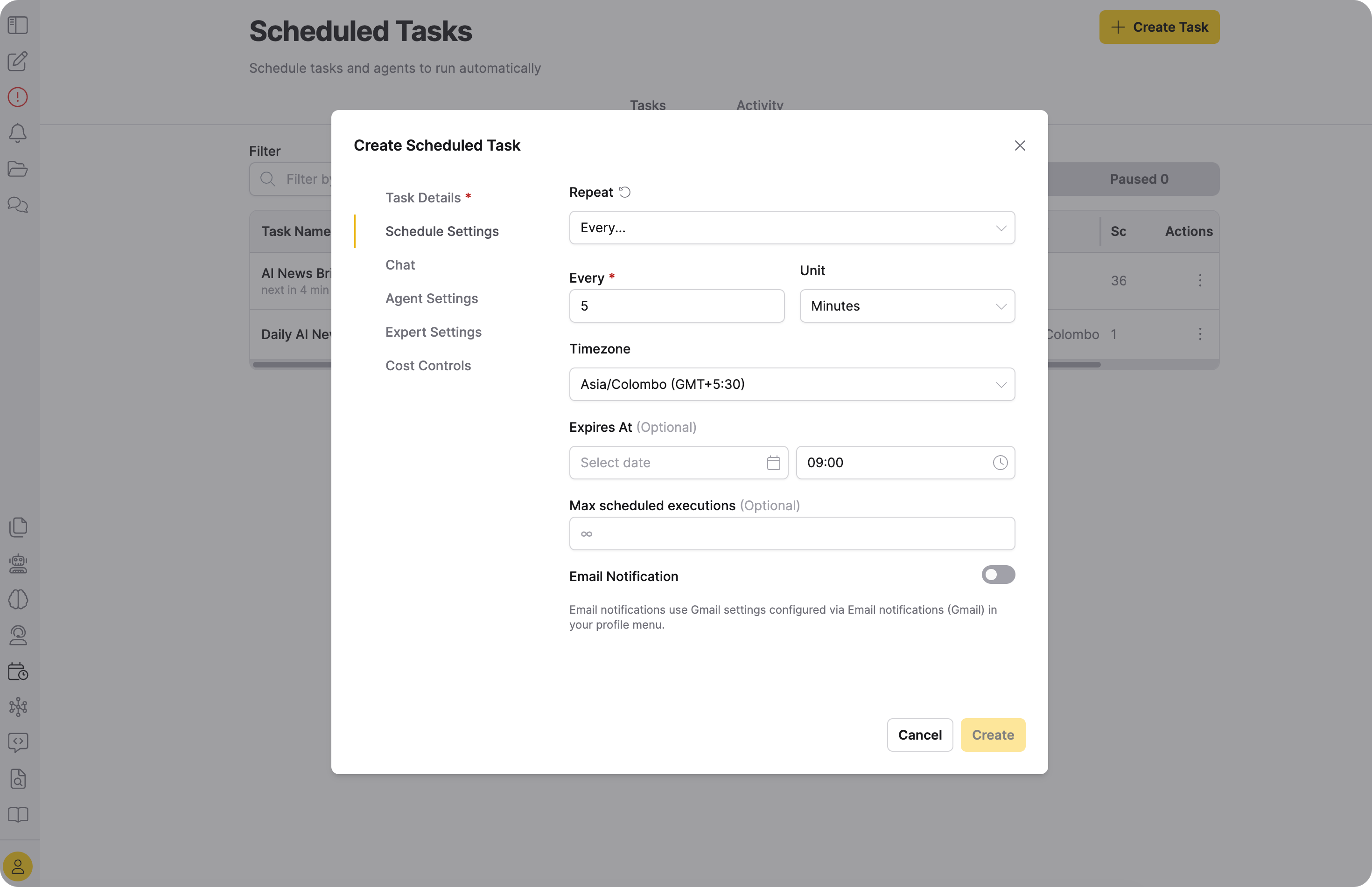 Schedule Settings tab showing Repeat, Run At, Expires At, and Max Executions fields