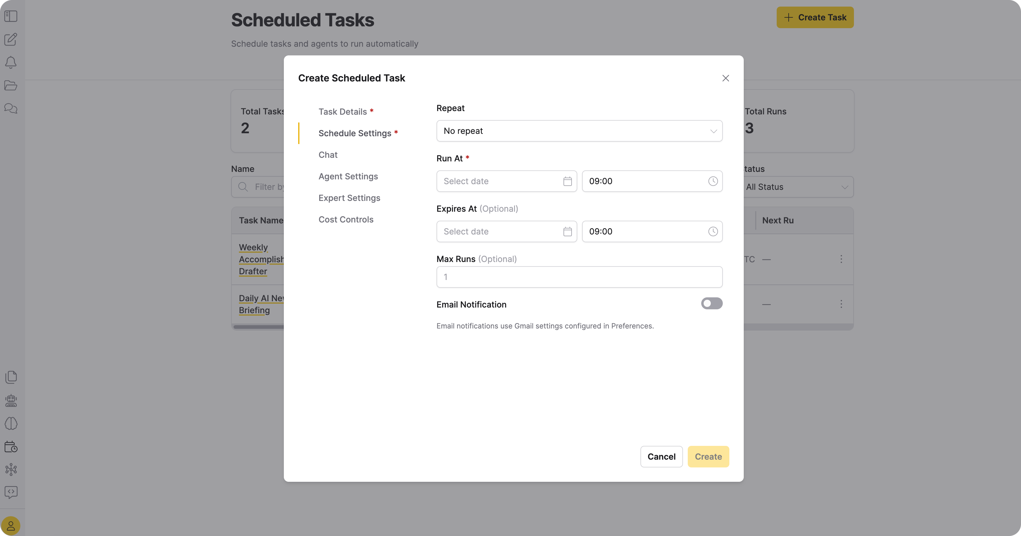 Schedule Settings tab showing Repeat, Run At, Expires At, and Max Executions fields