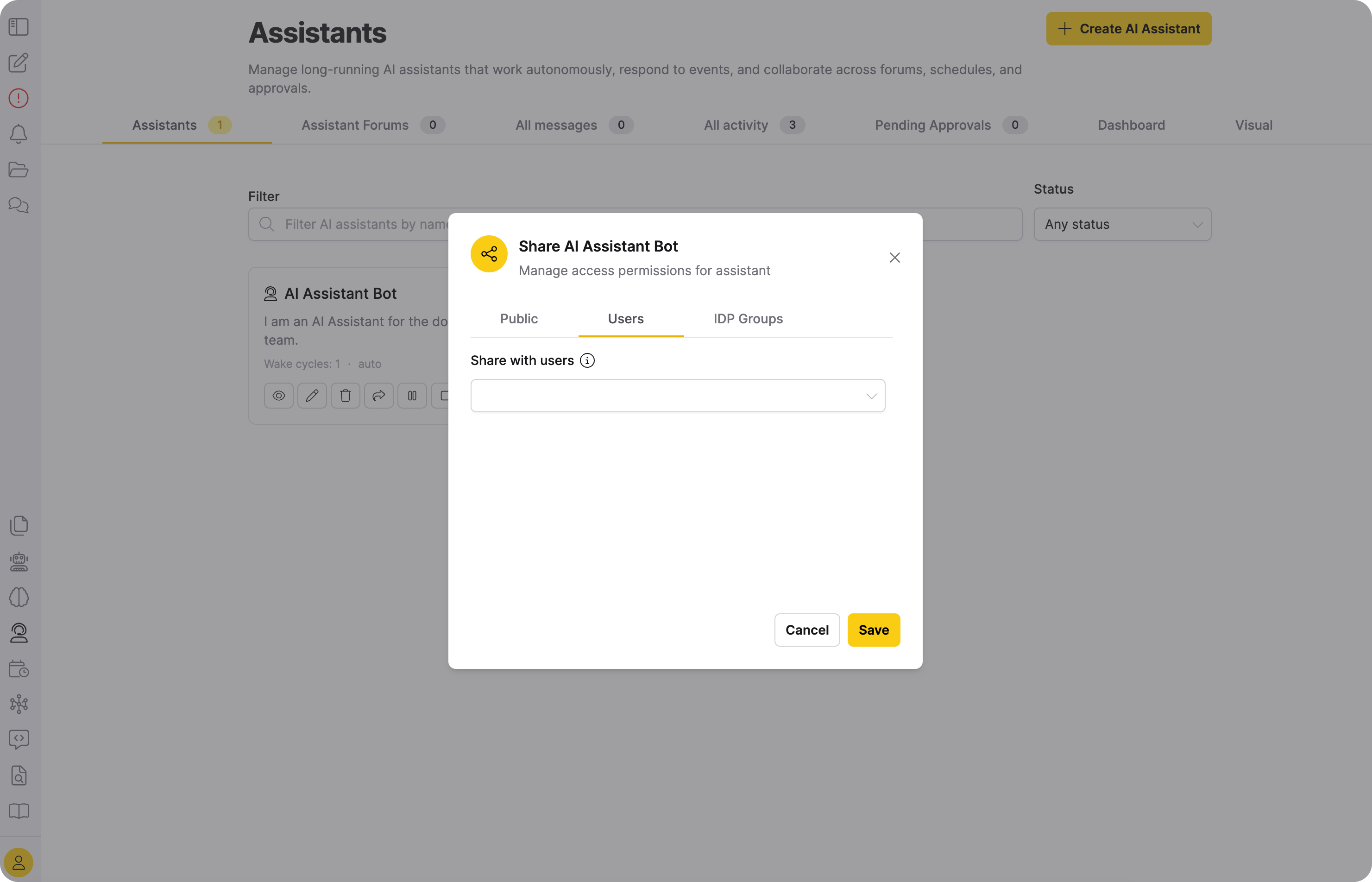 The Share dialog for an AI assistant, with the Users tab selected
