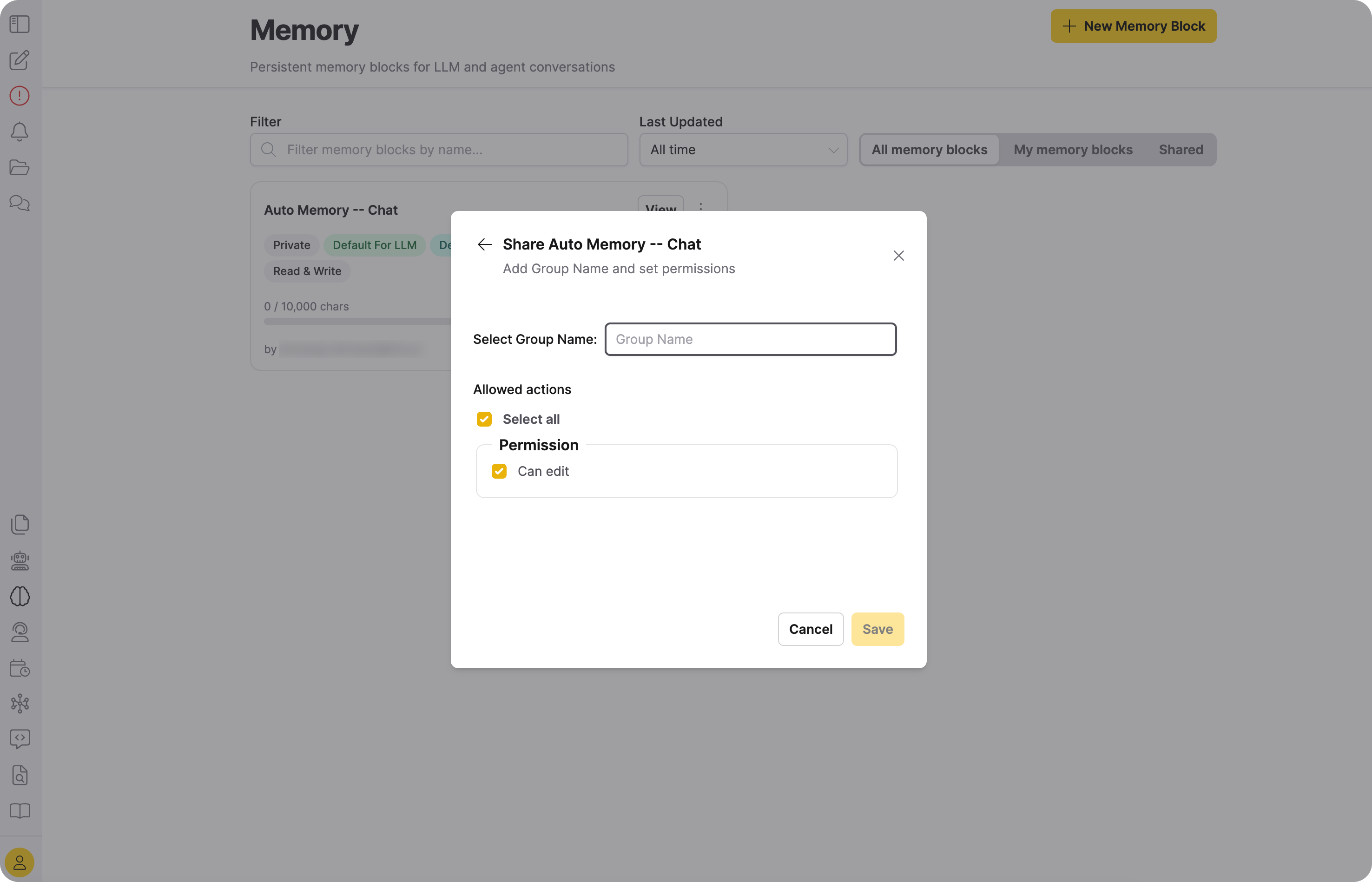 Memory block Share dialog on the IDP Groups tab