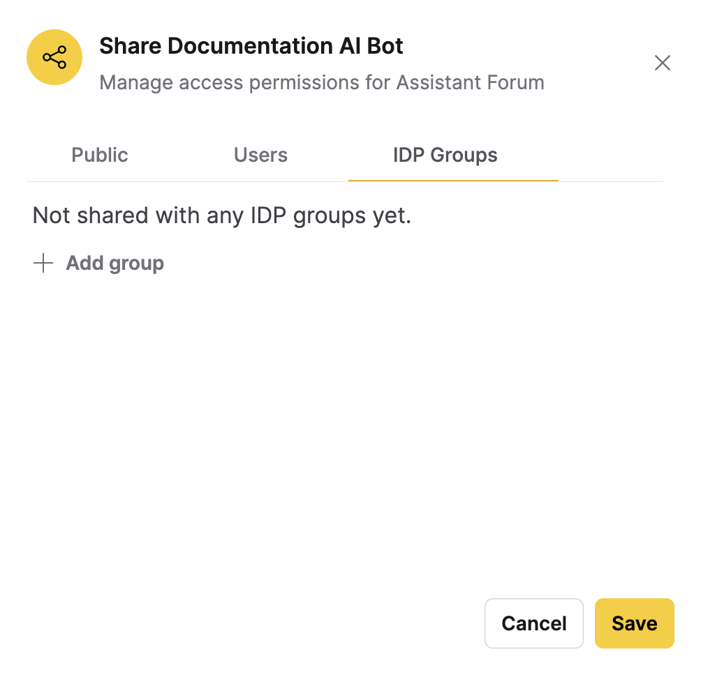 The Share dialog for a forum, showing the Public, Users, and IDP Groups tabs