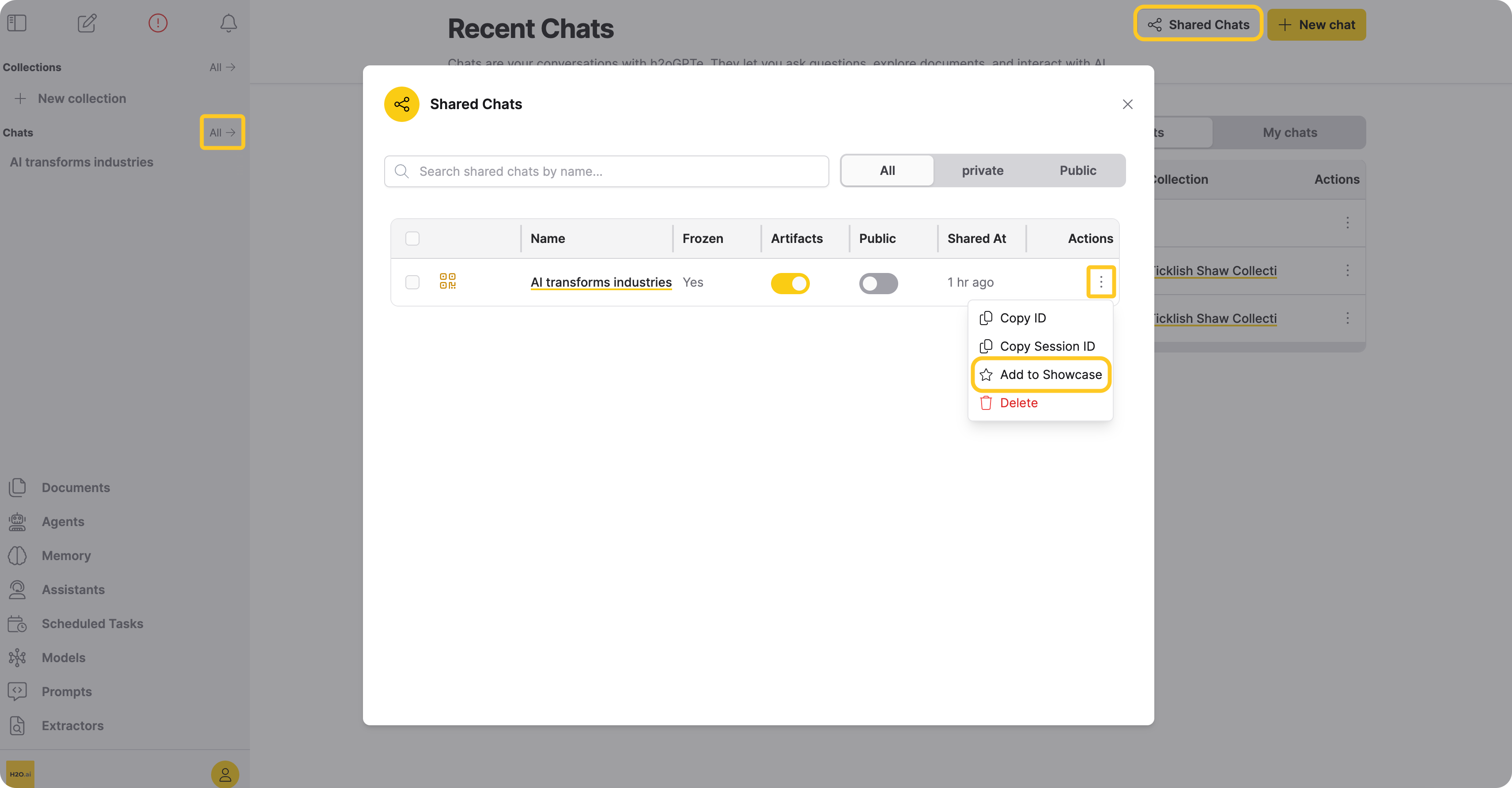 Shared Chats dialog with "Add to Showcase" highlighted