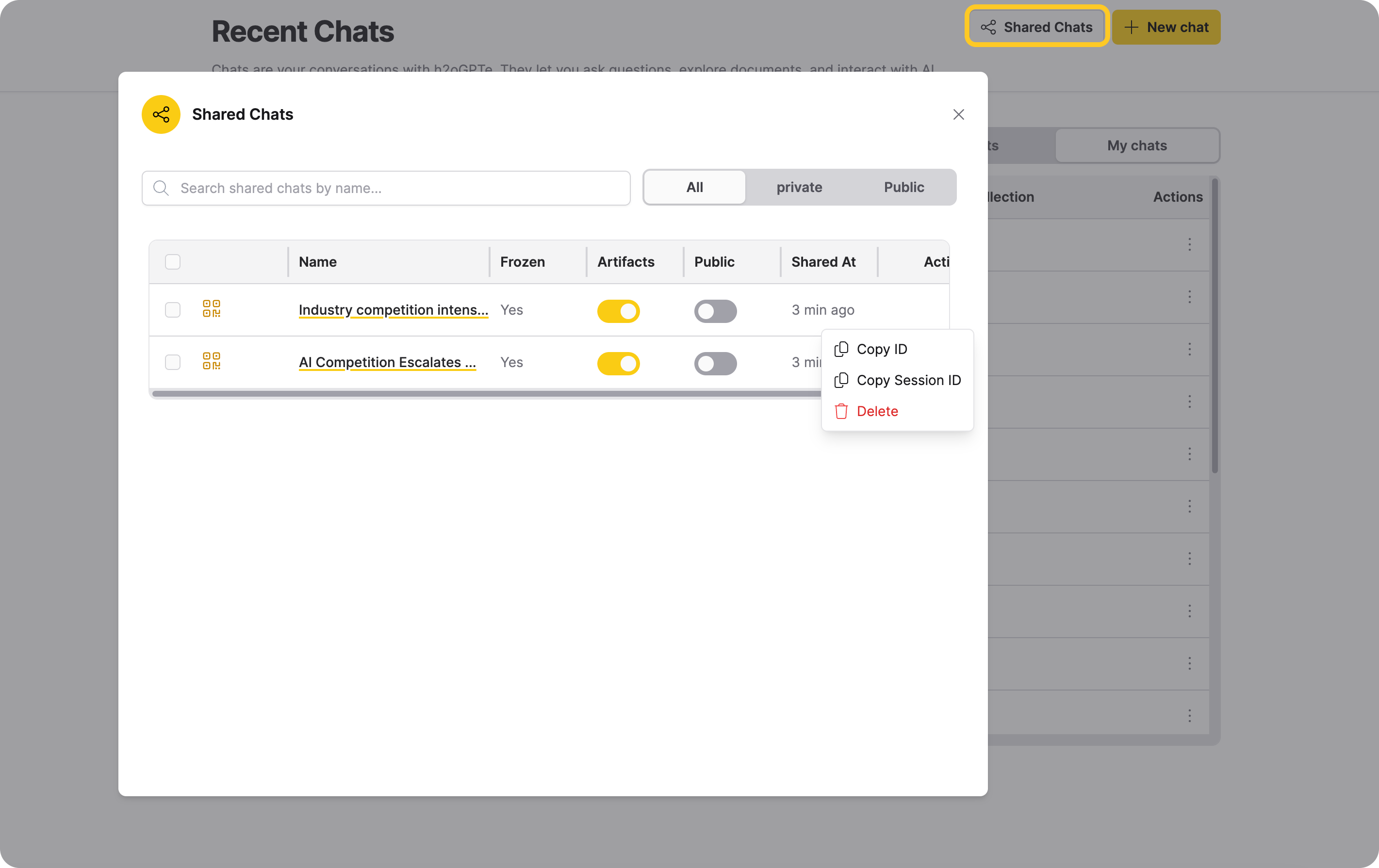 Shared Chats Dialog