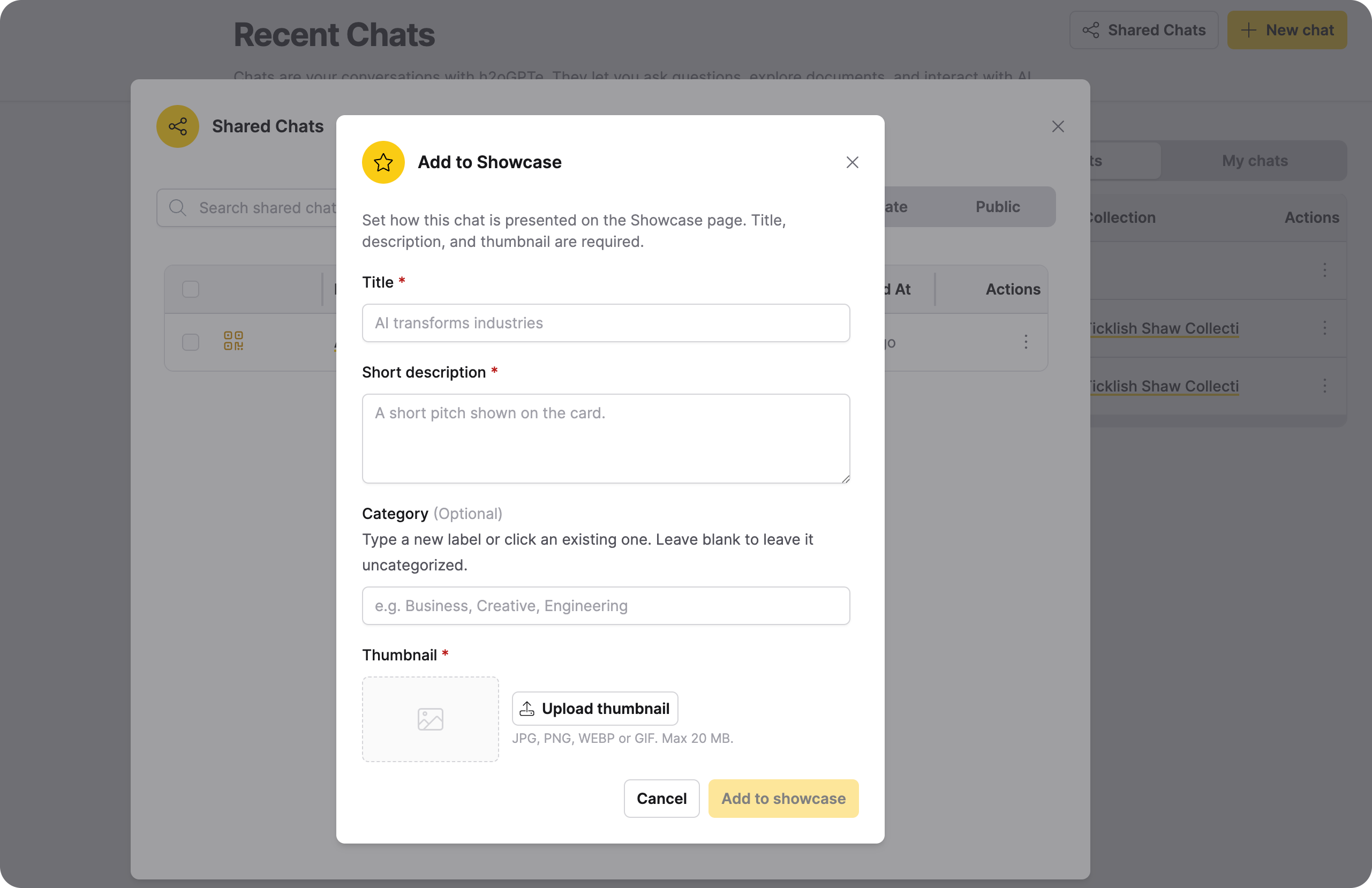"Add to Showcase" dialog showing all fields