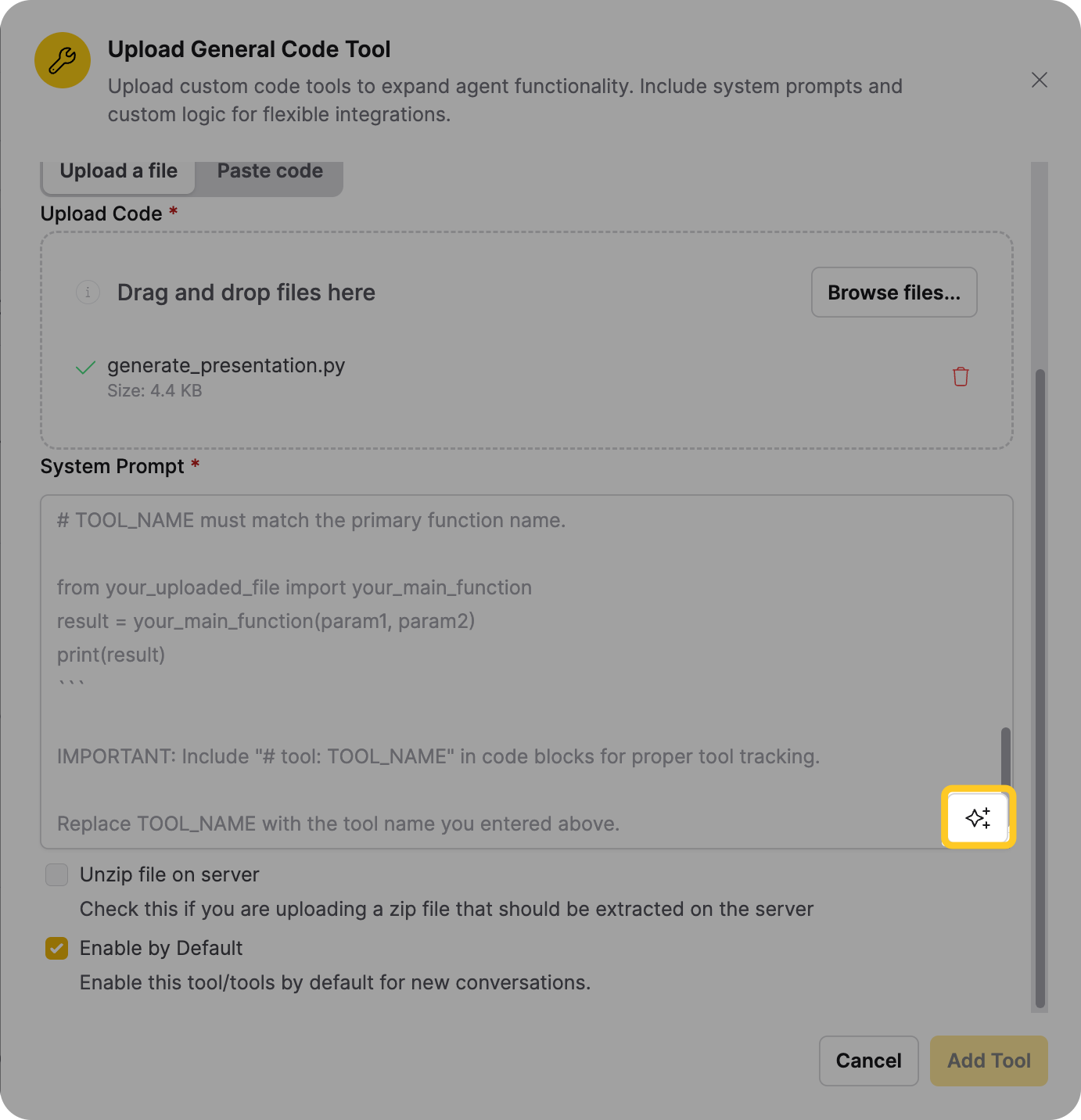 Click the sparkle button next to the System prompt field