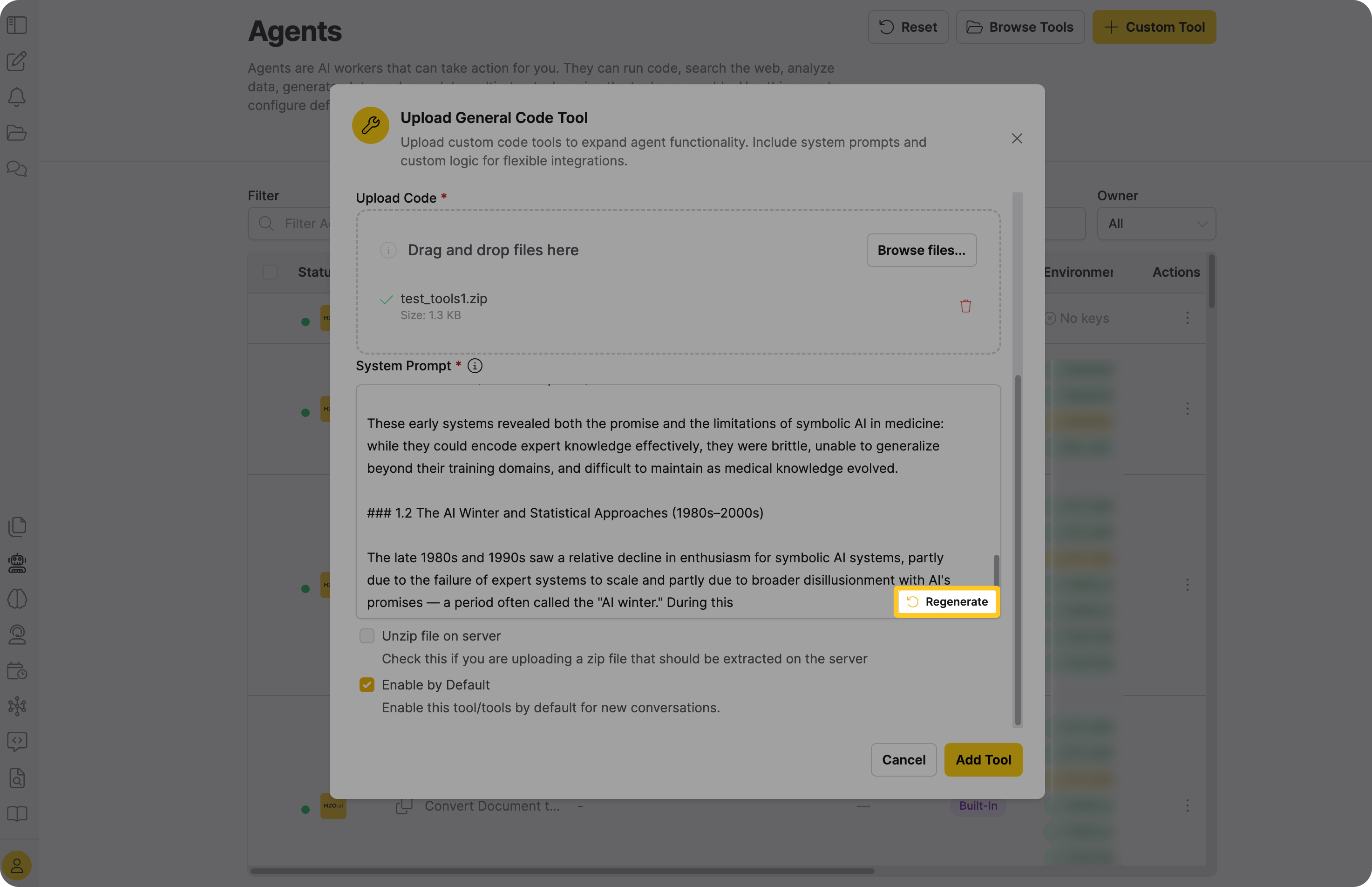 System prompt field showing the Regenerate button
