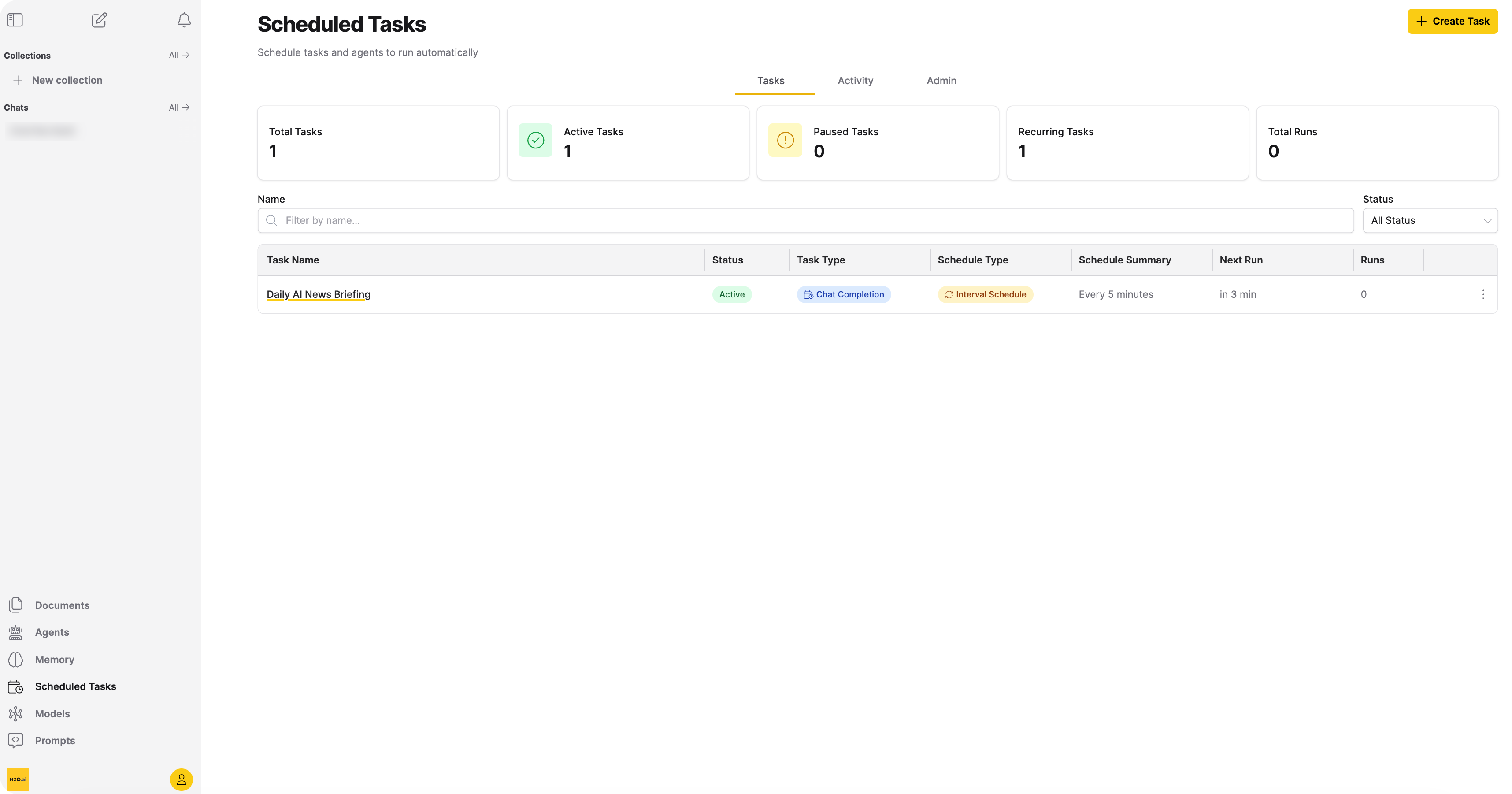 Scheduled Tasks page showing the Tasks tab with summary cards, filter controls, and empty state