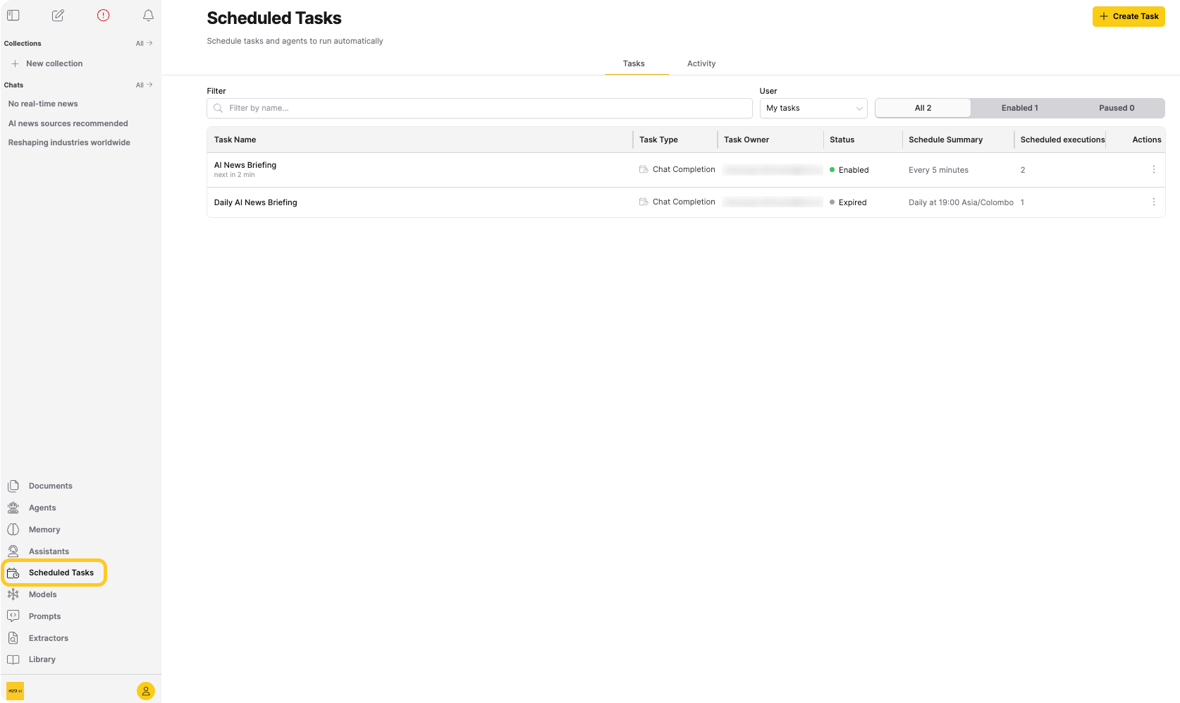 Scheduled Tasks page showing the Tasks tab with summary cards, a Filter field, a Status dropdown, and a task table with Schedule Type, Next Run, and Runs columns