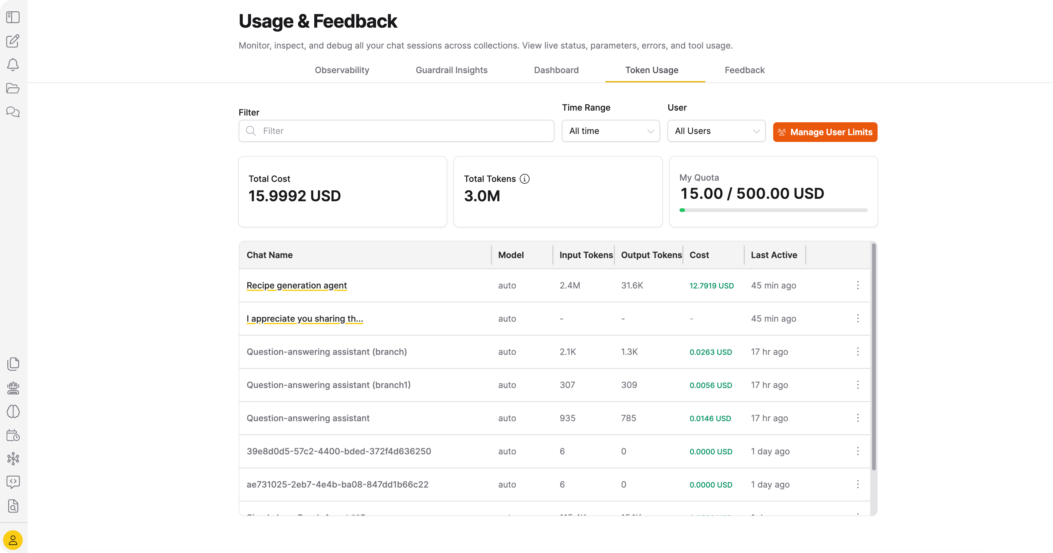 Token Usage tab showing cost cards, quota, and usage table