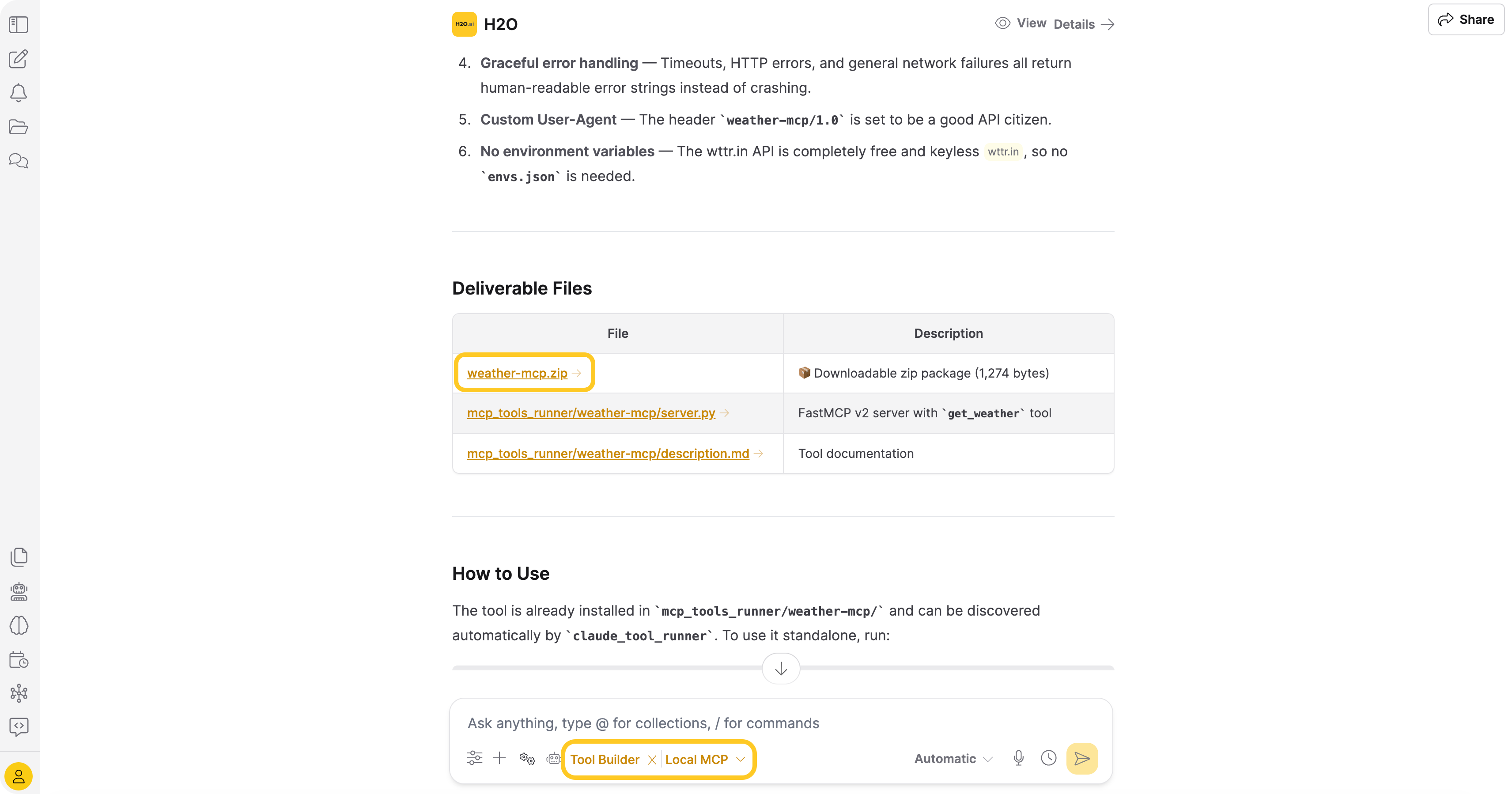 Tool Builder prompt for local MCP tool