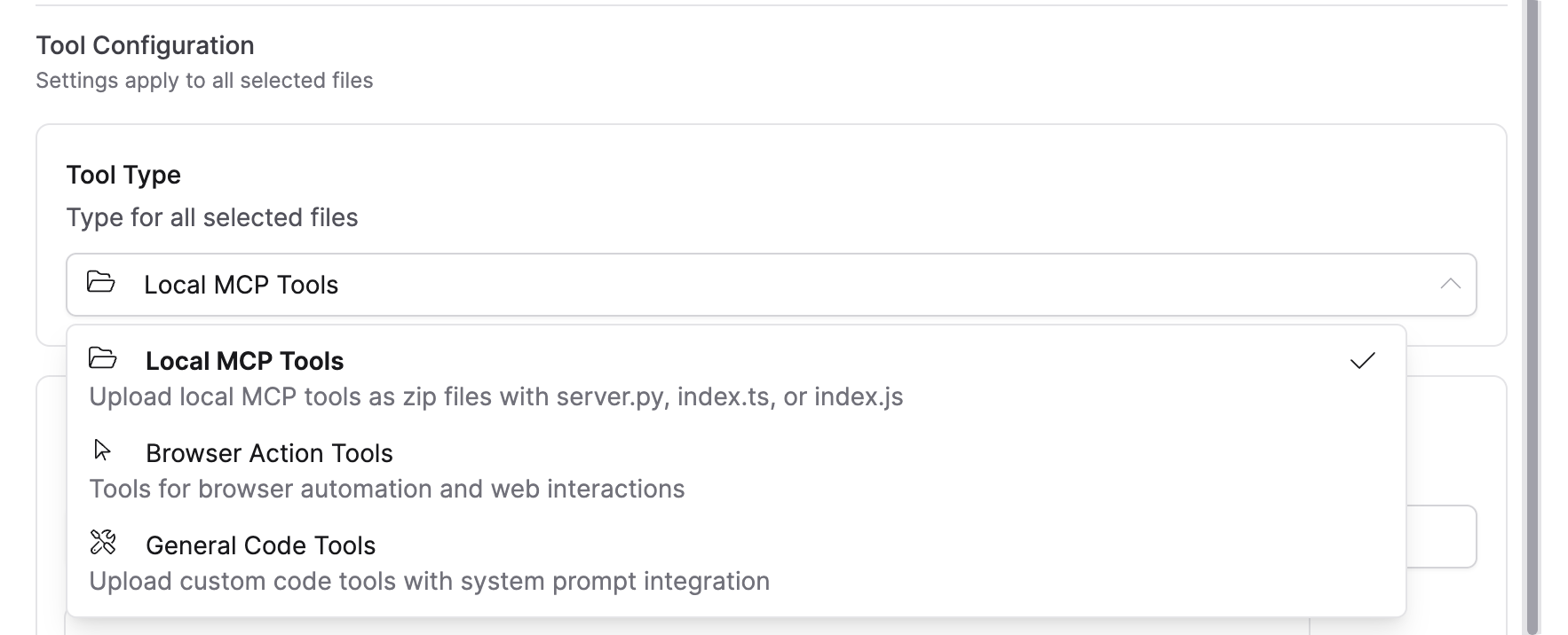 Tool type dropdown