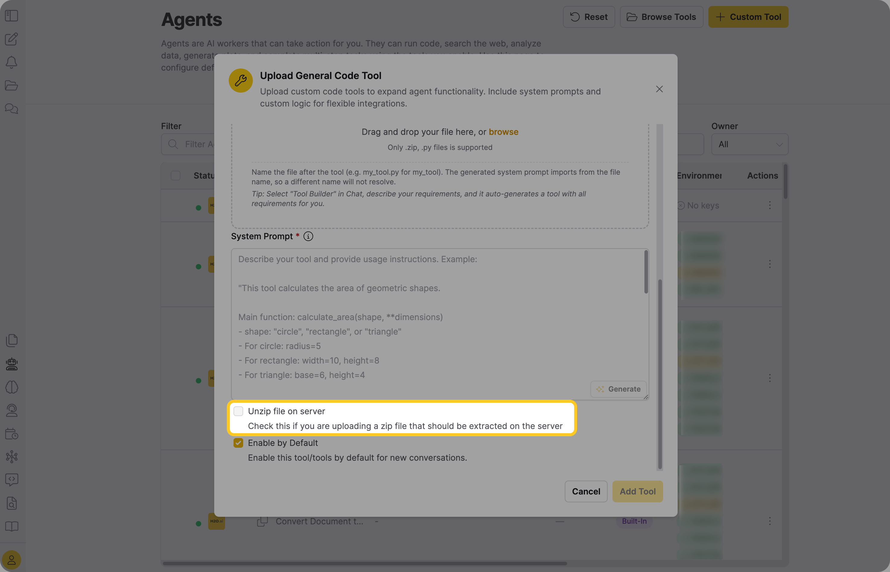 Unzip file on server checkbox with its hint text