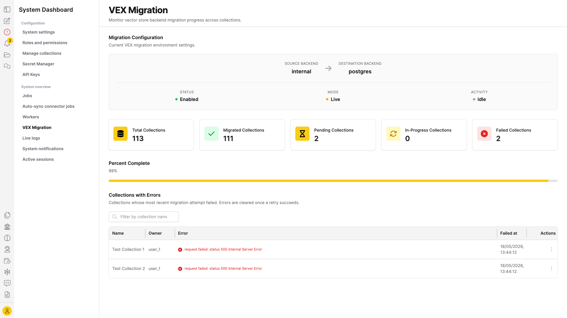 VEX Migration admin dashboard