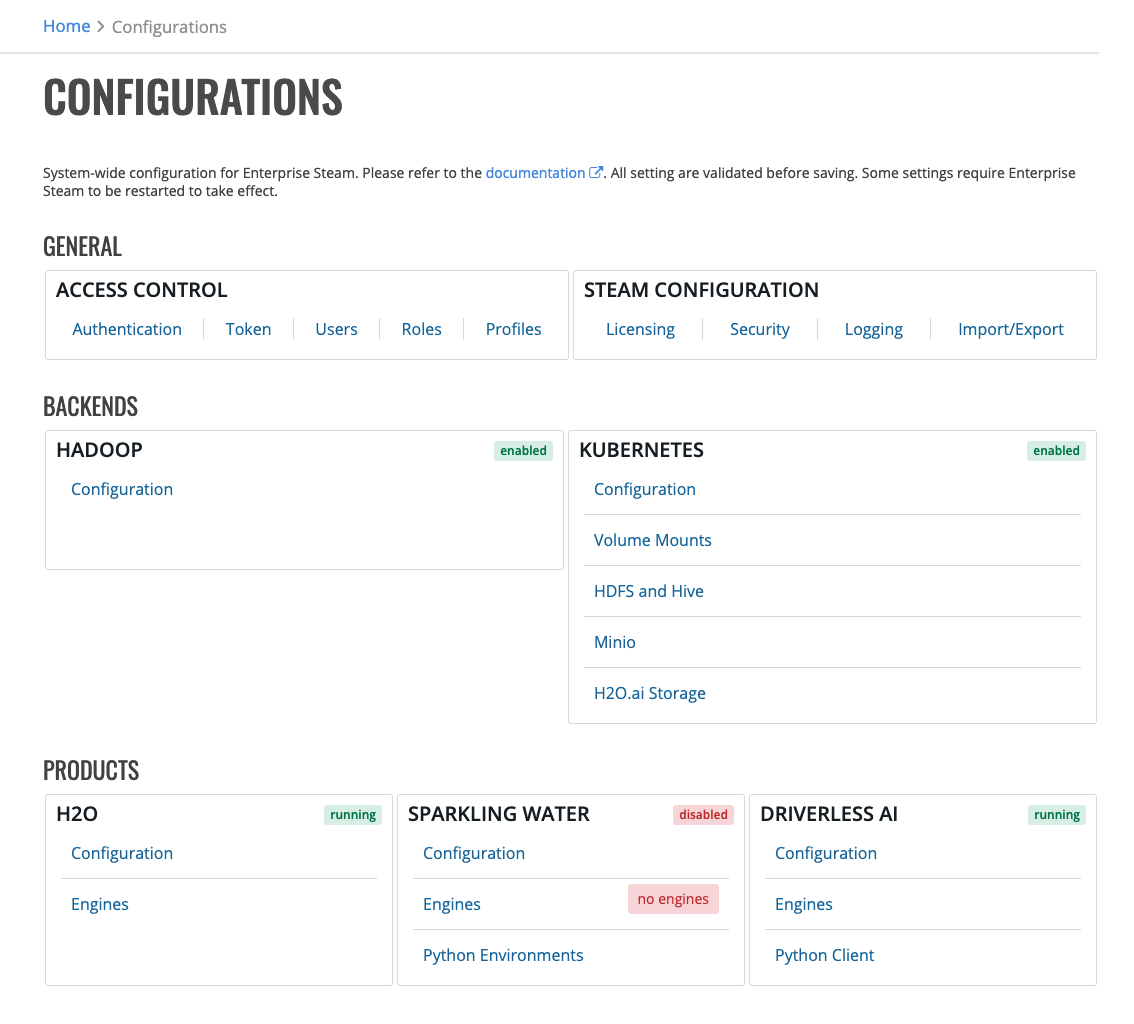 Configurations page