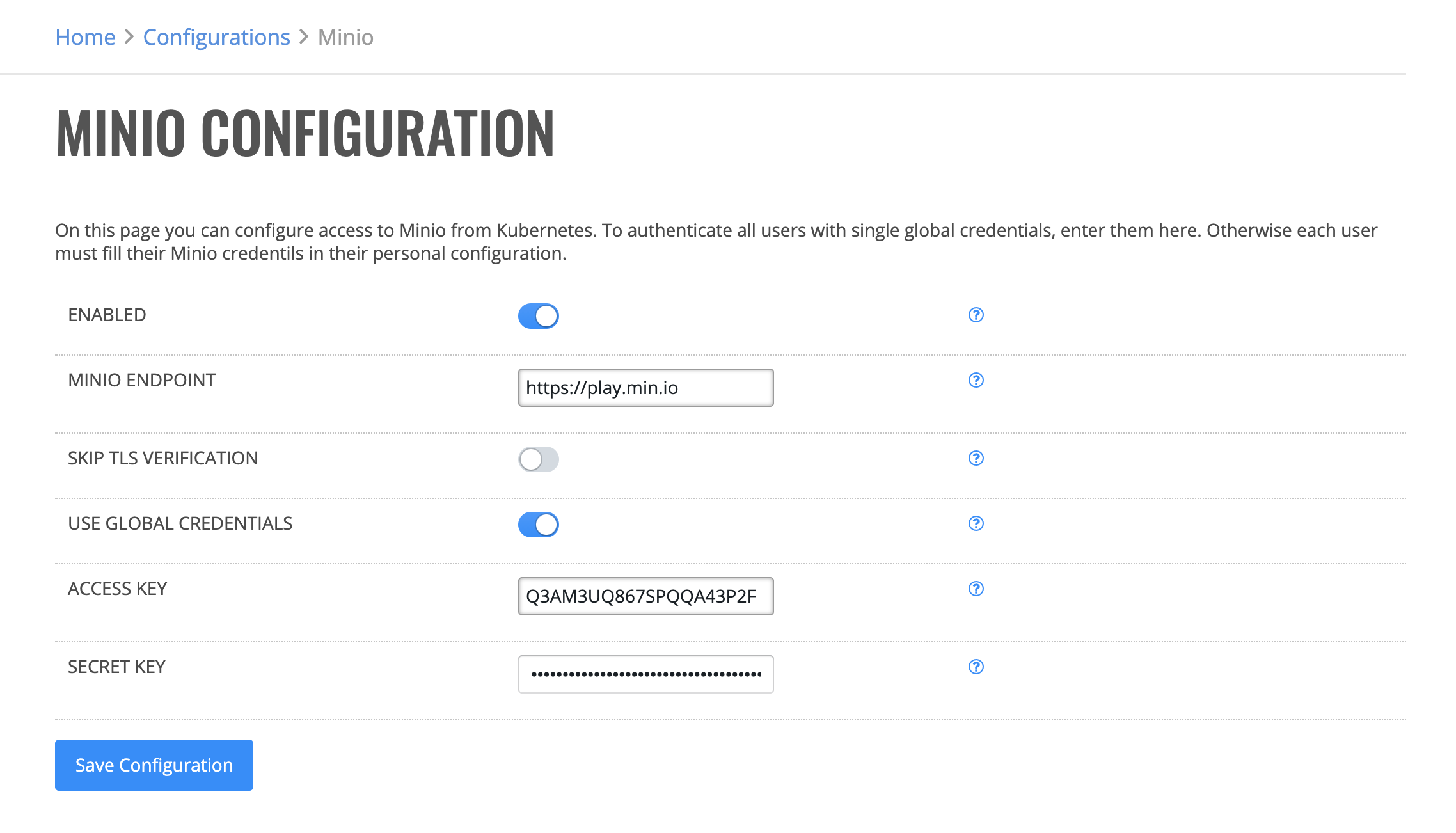 Kubernetes Minio Configuration