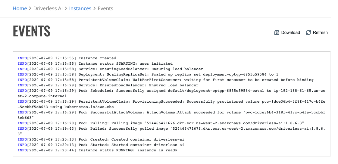 Driverless AI instance events