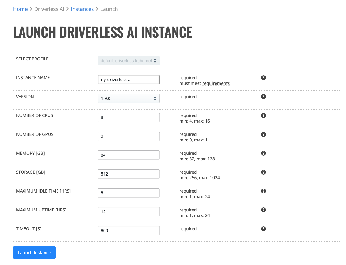 Launch Driverless AI instance