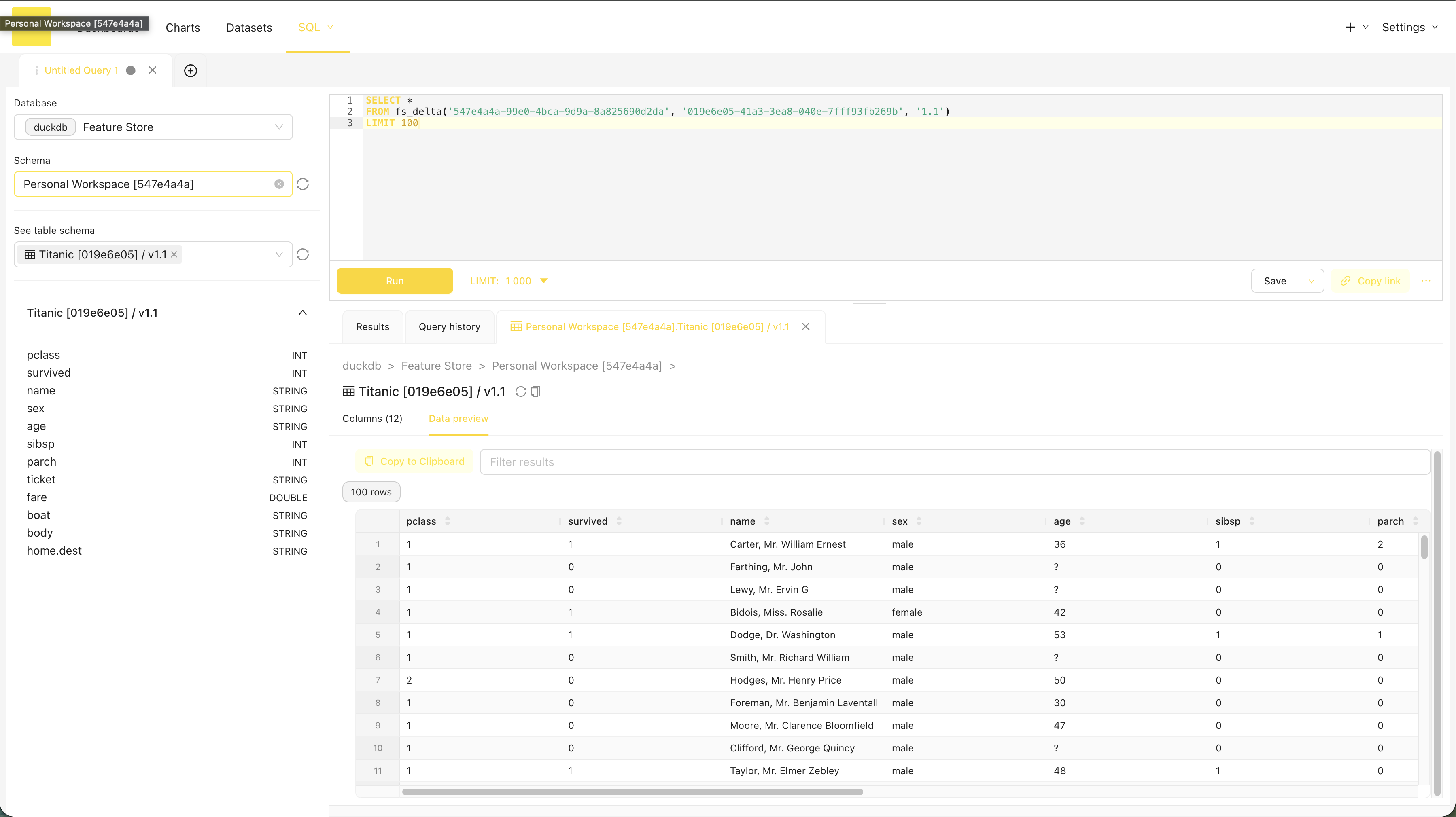 SQL Lab querying the Titanic feature set: Feature Store database, Personal Workspace schema, Titanic table picker, the auto-generated fs_delta query in the editor, and a data preview of 100 rows.