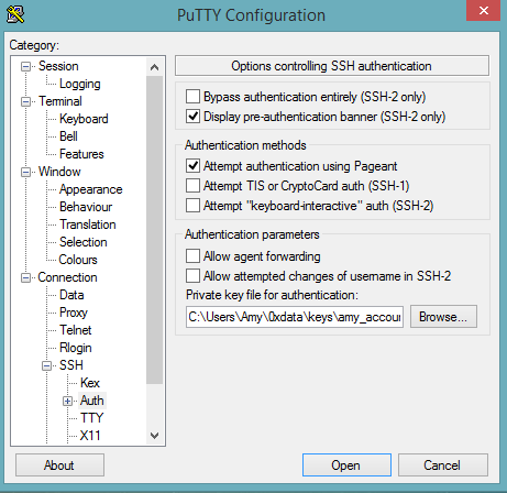 PuTTY SSH authentication key file selection
