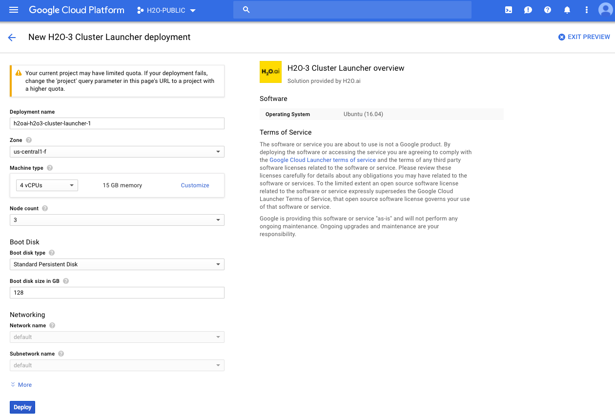 Google Compute Engine deployment configuration page