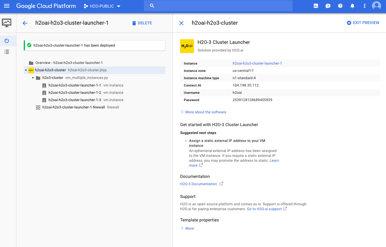 Deployment summary page showing instance ID and credentials