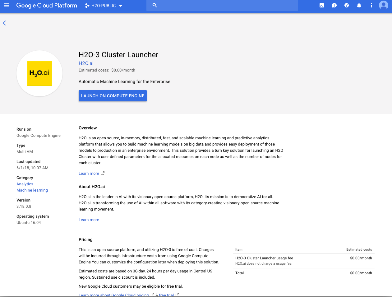 H2O-3 OSS offering on the Cloud Launcher page