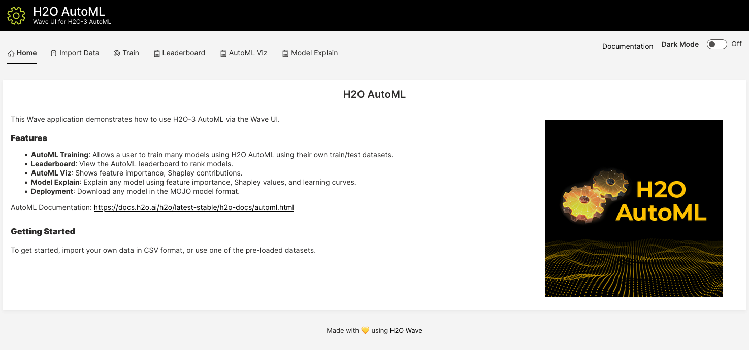 H2O AutoML Wave app - data upload and run screen
