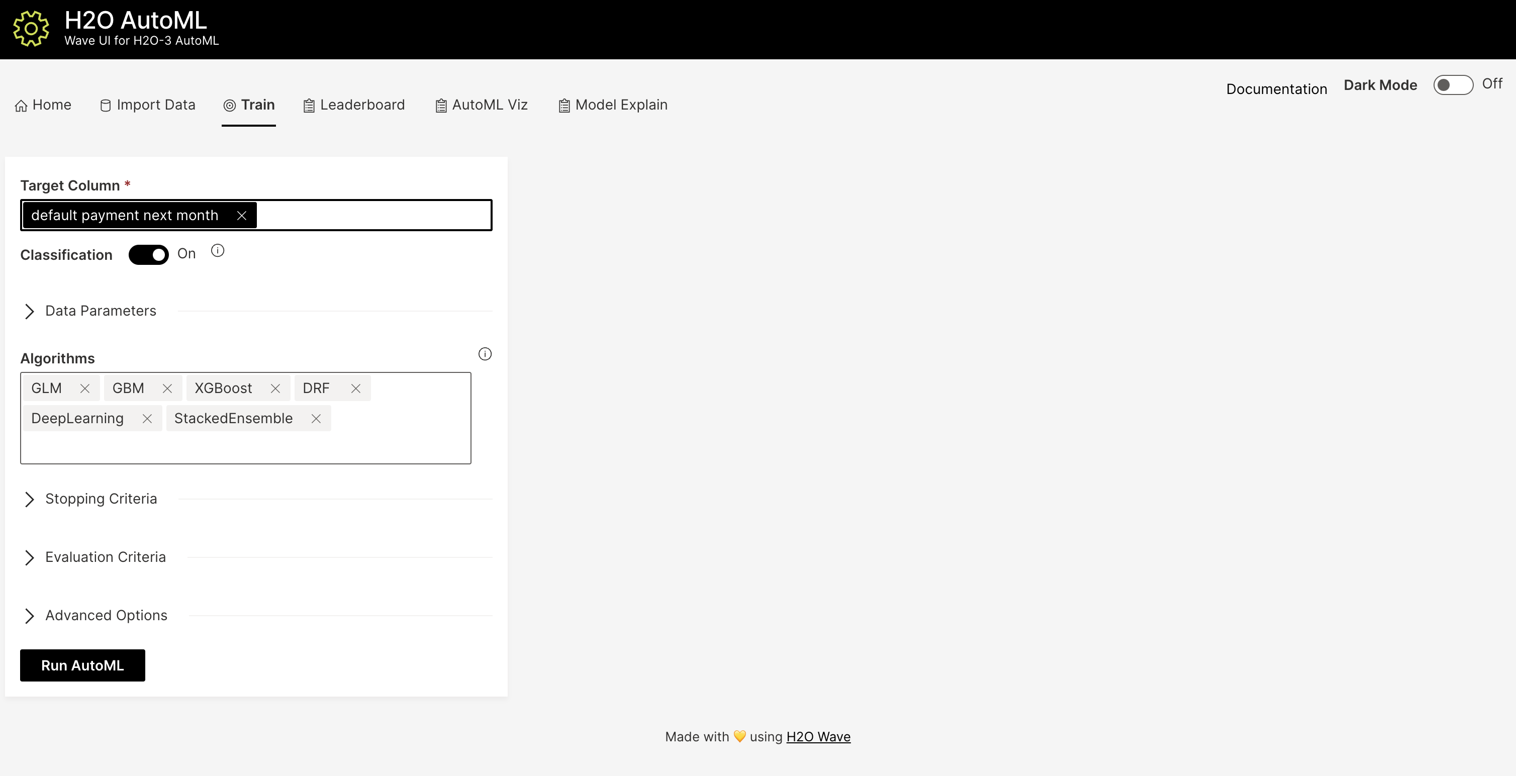 H2O AutoML Wave app - leaderboard view