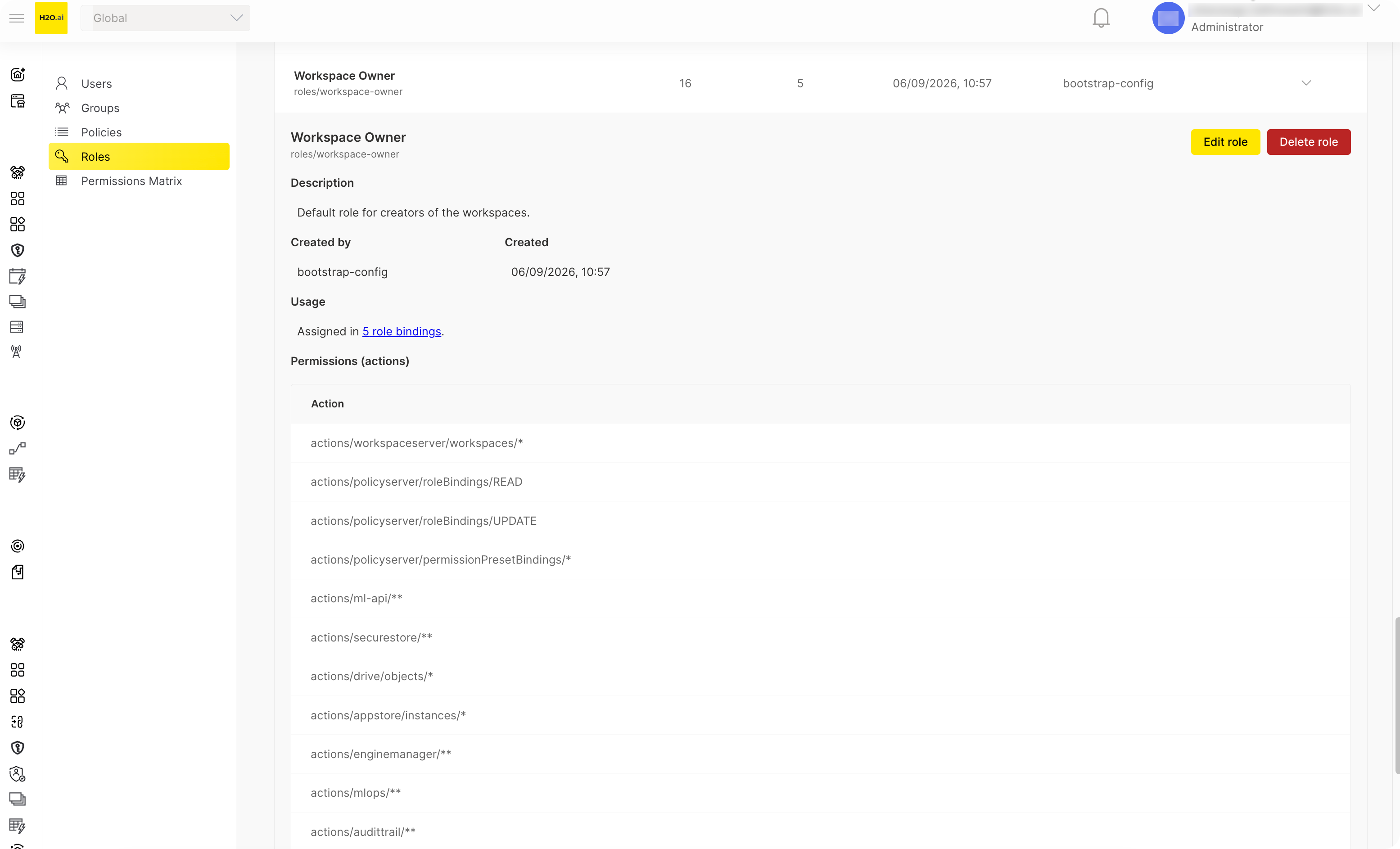 Expanded role details showing permissions and usage