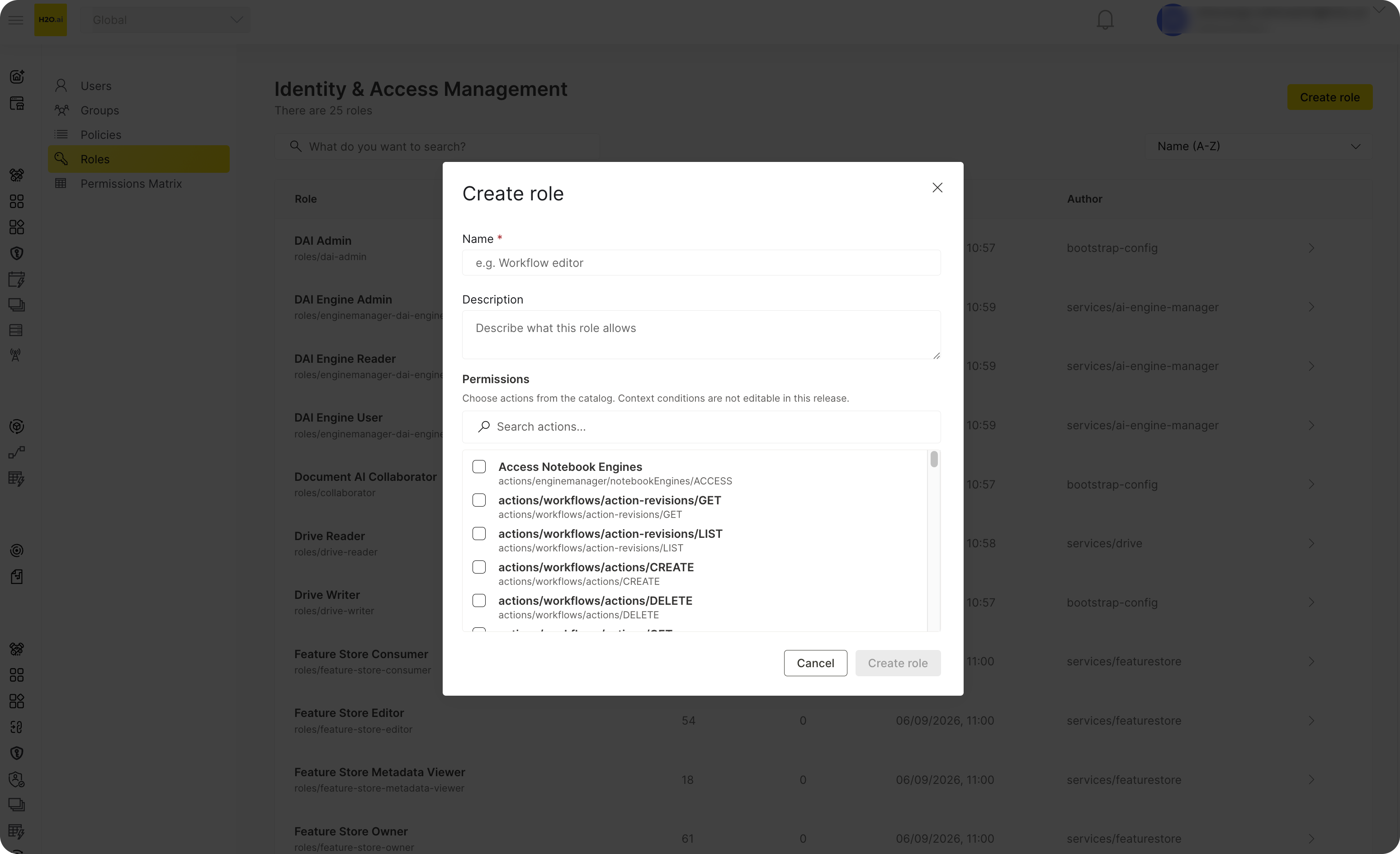 Create role dialog with the action catalog picker