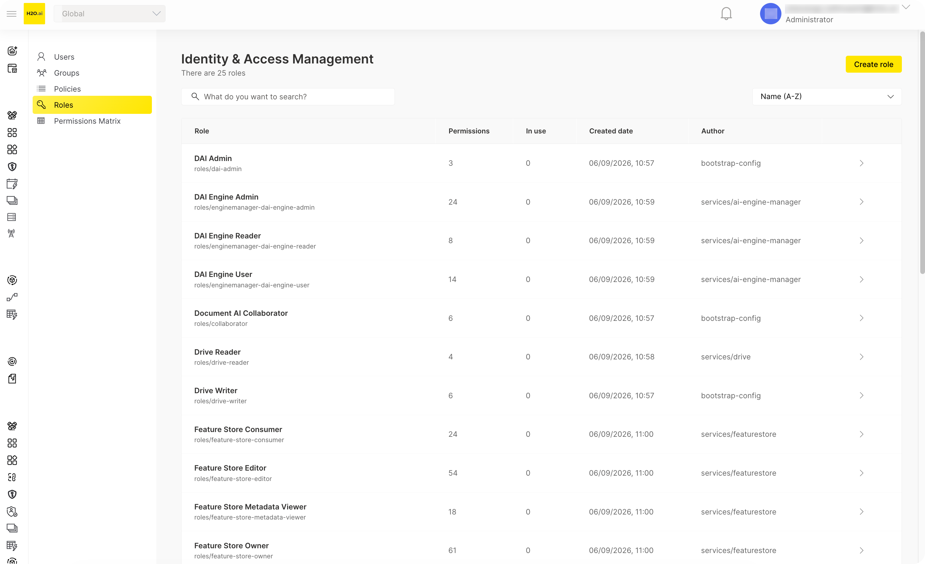 Roles list in Identity and Access Management
