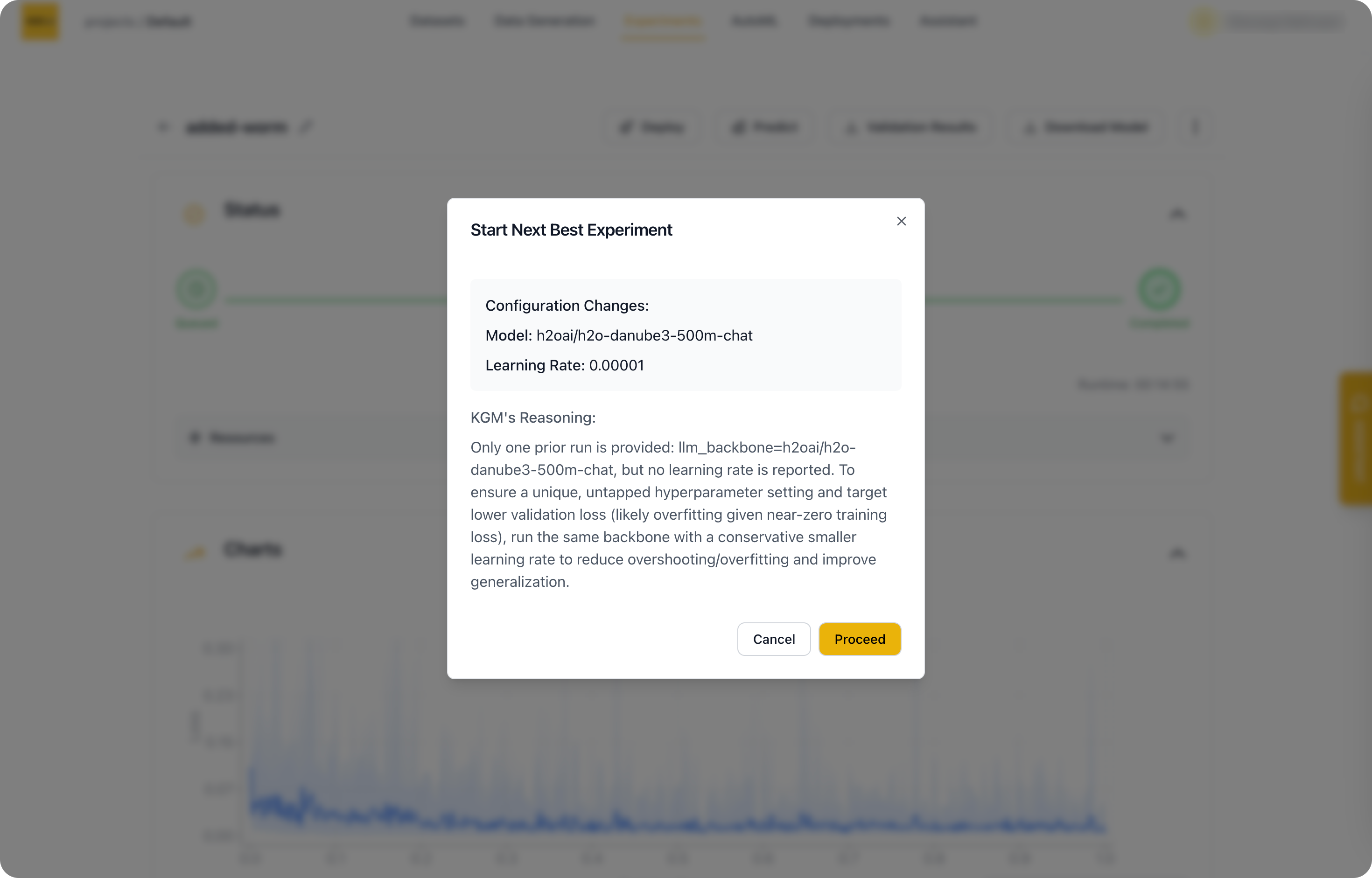 Start Next Best Experiment dialog showing the recommended configuration changes and KGM's reasoning