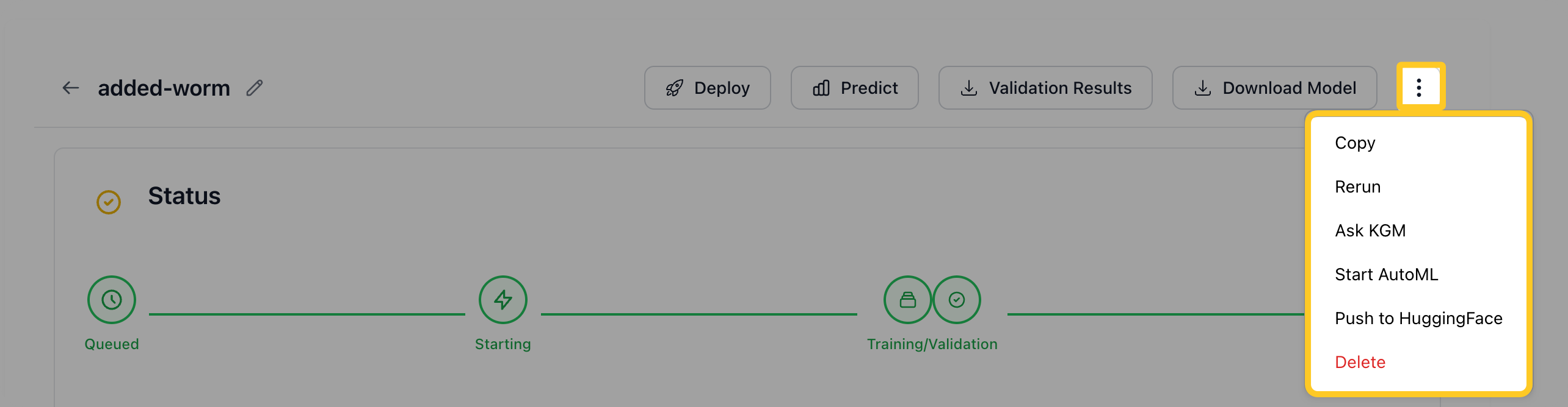 Experiment action menu with Copy, Rerun, Ask KGM, Start AutoML, Push to HuggingFace, and Delete options
