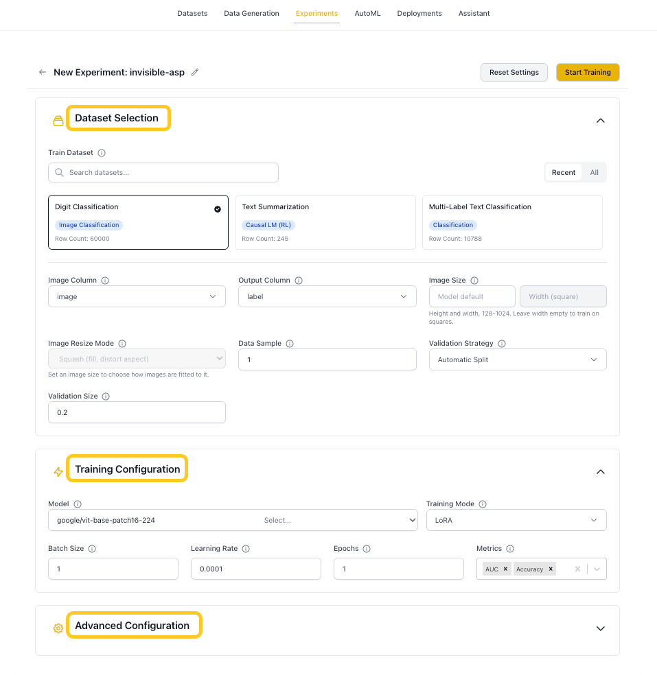 New Experiment page with the Dataset Selection, Training Configuration, and Advanced Configuration sections highlighted
