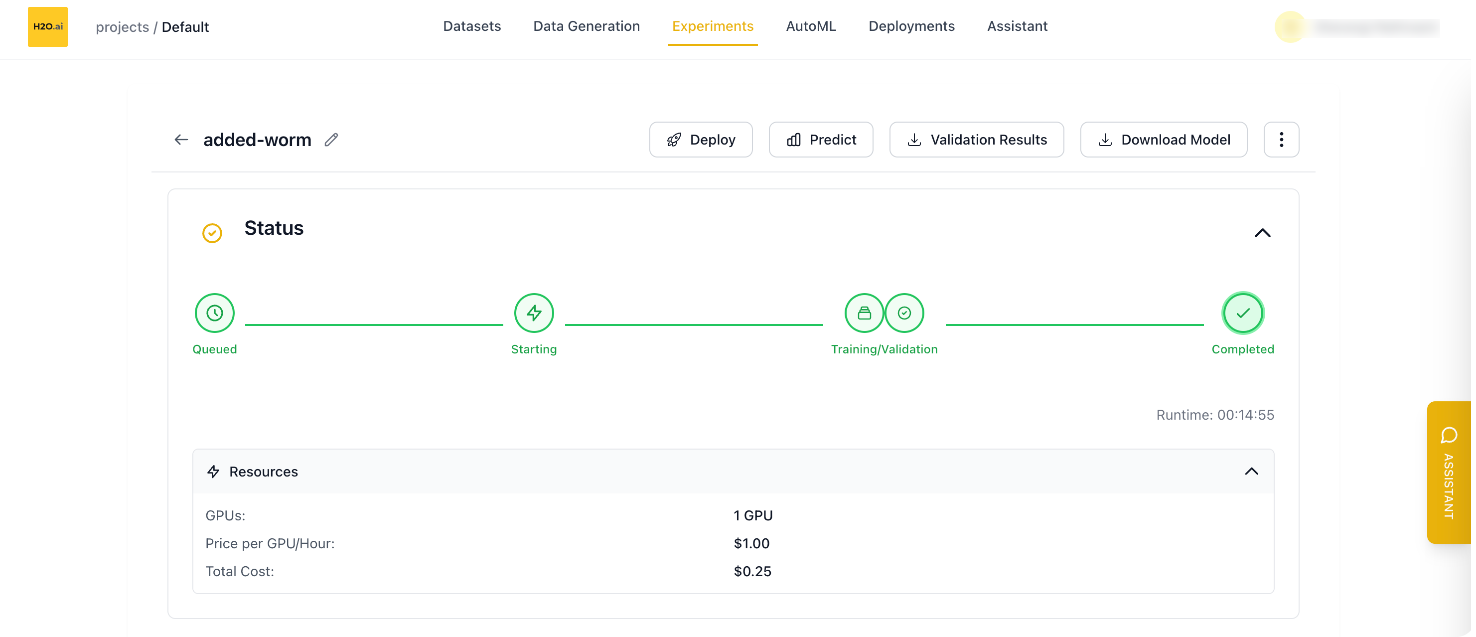 Experiment detail page showing the status bar and Resources section